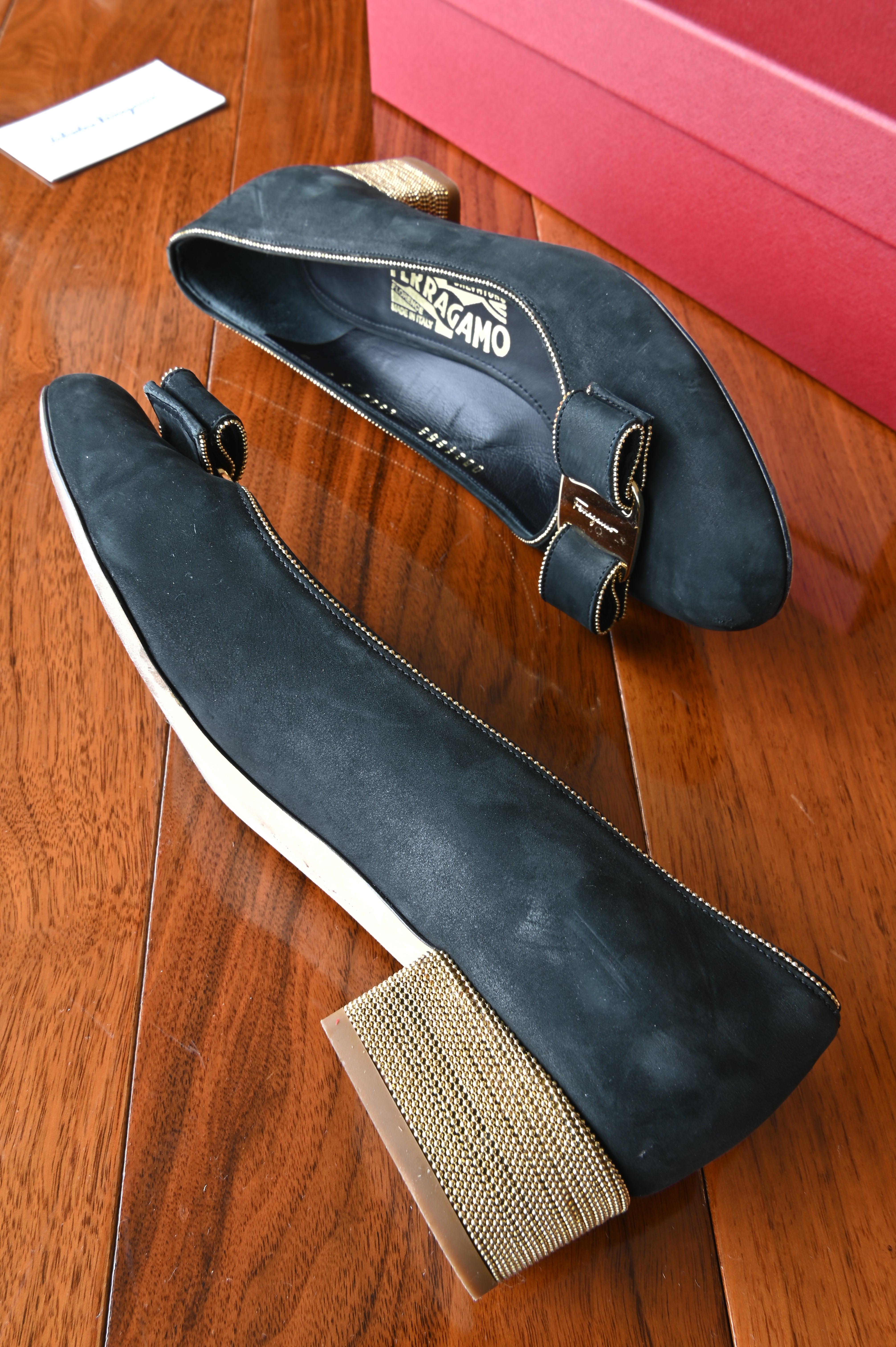 Salvatore Ferragamo Black Velvet Vara Pumps in Gold Hardware side two