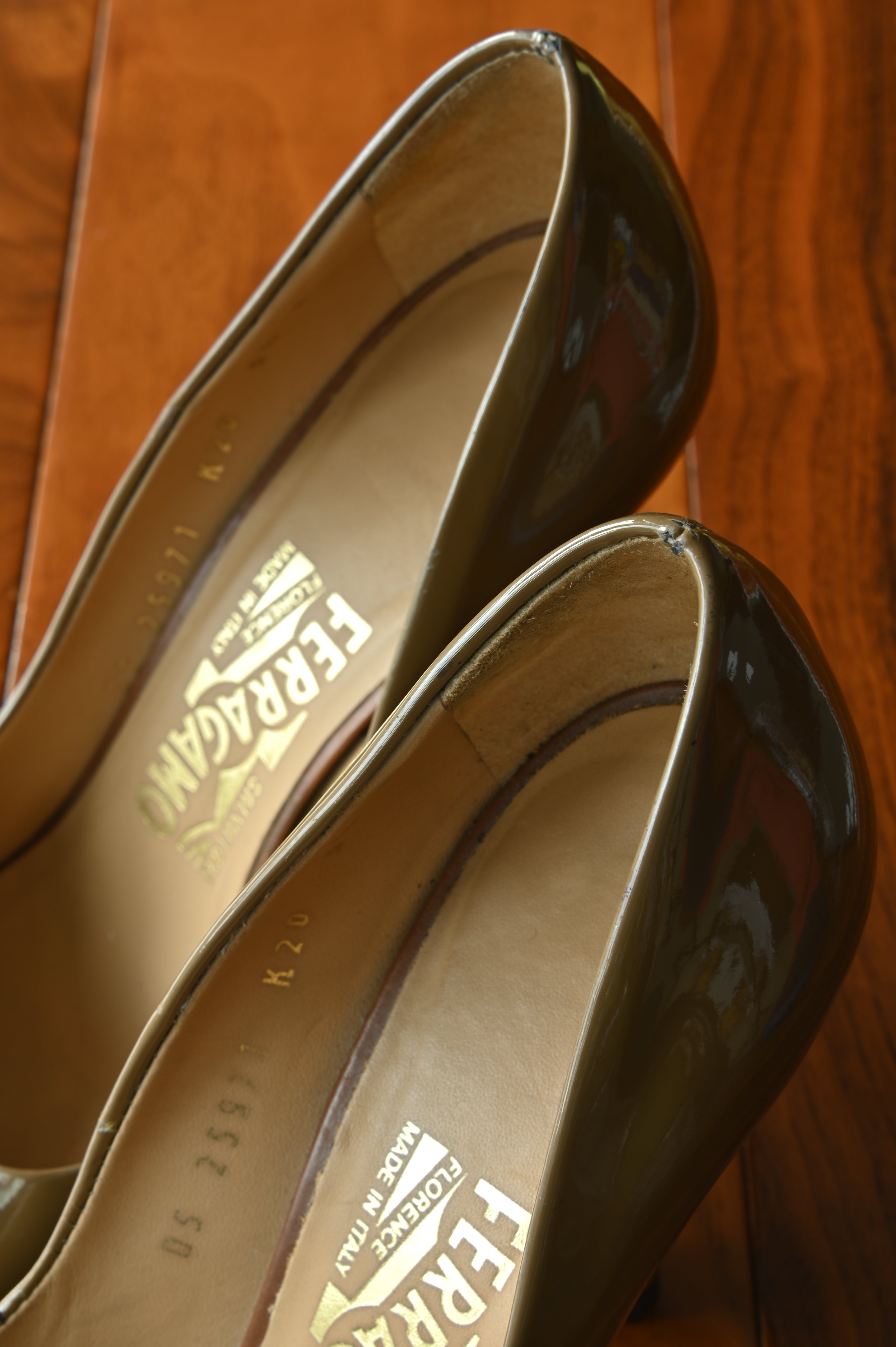 Salvatore Ferragamo Brown Patent Leather Pumps back