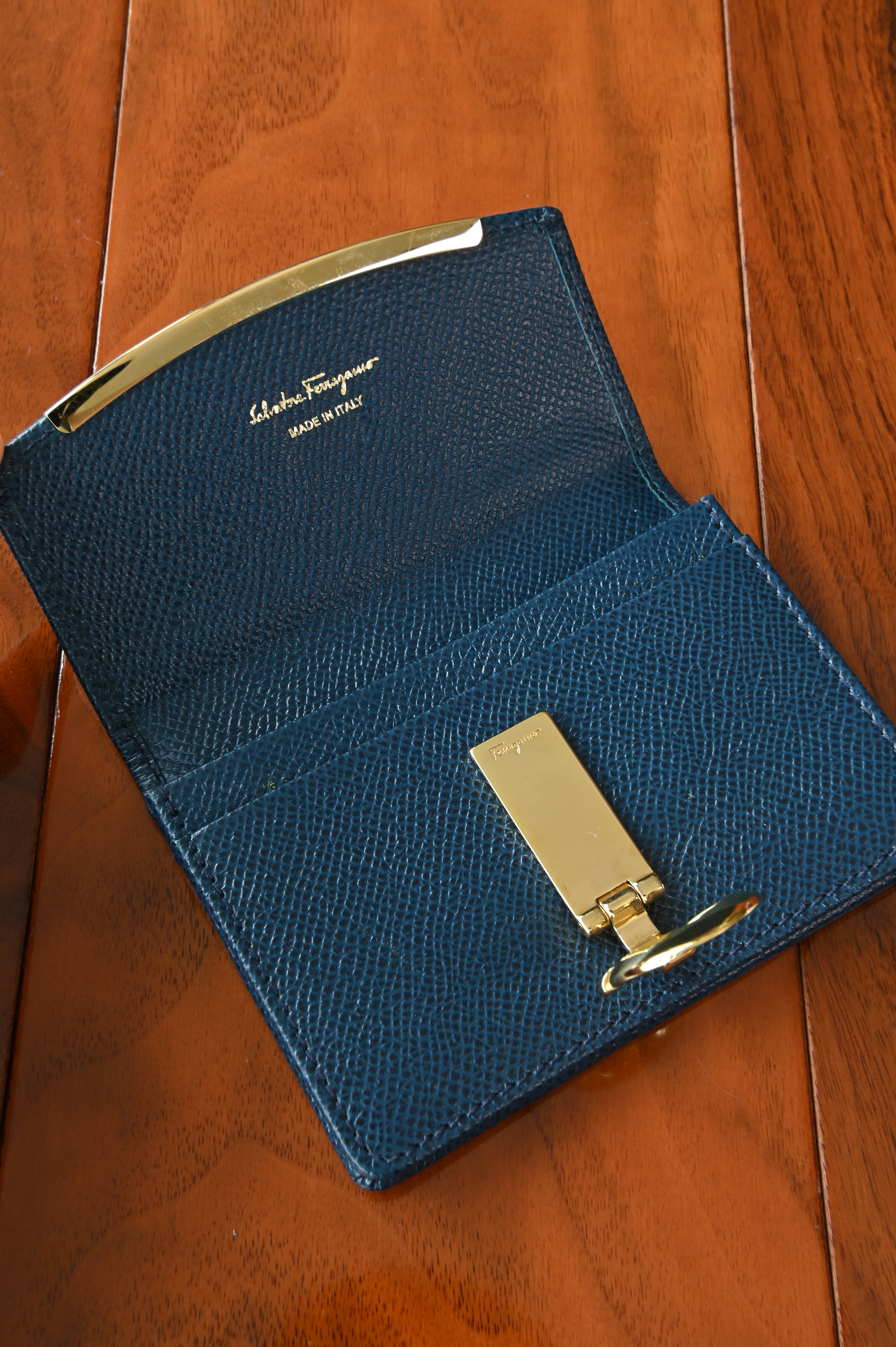 Salvatore Ferragamo Dark Blue Compact Wallet open top