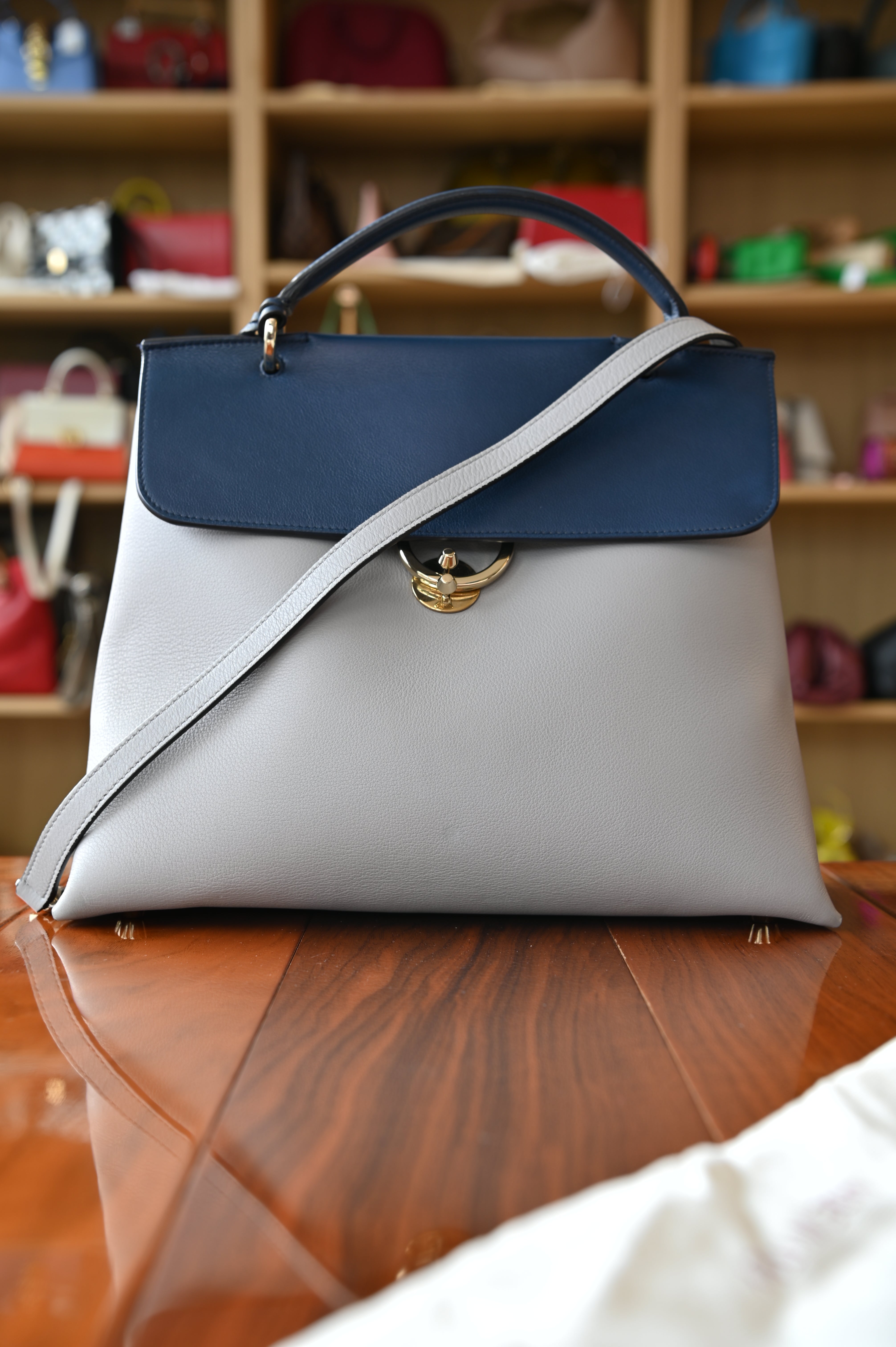Salvatore Ferragamo Grey Blue Top Handle Bag strap