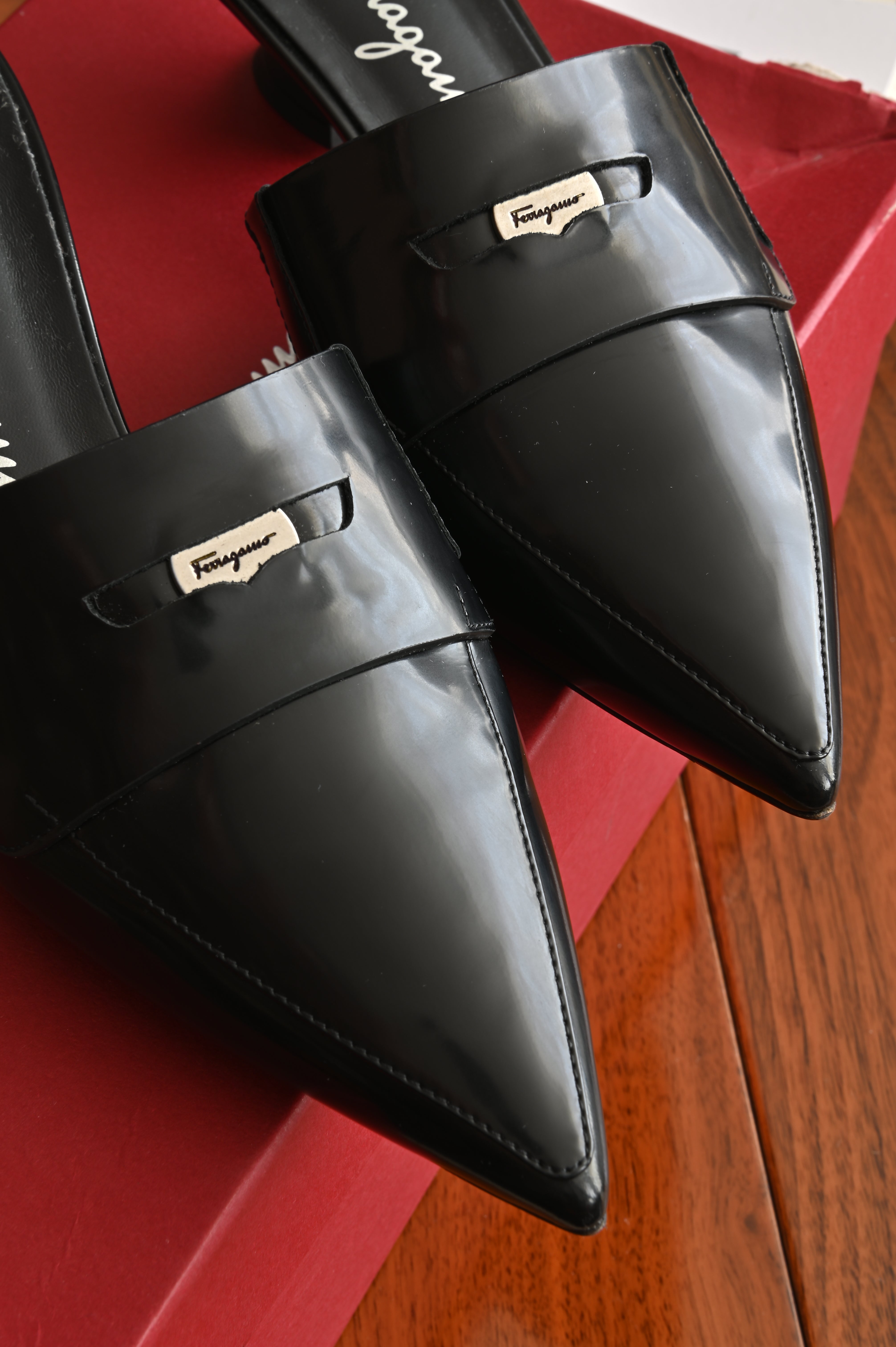 Salvatore Ferragamo Nyta pointed-toe mules in black calf leather front tips