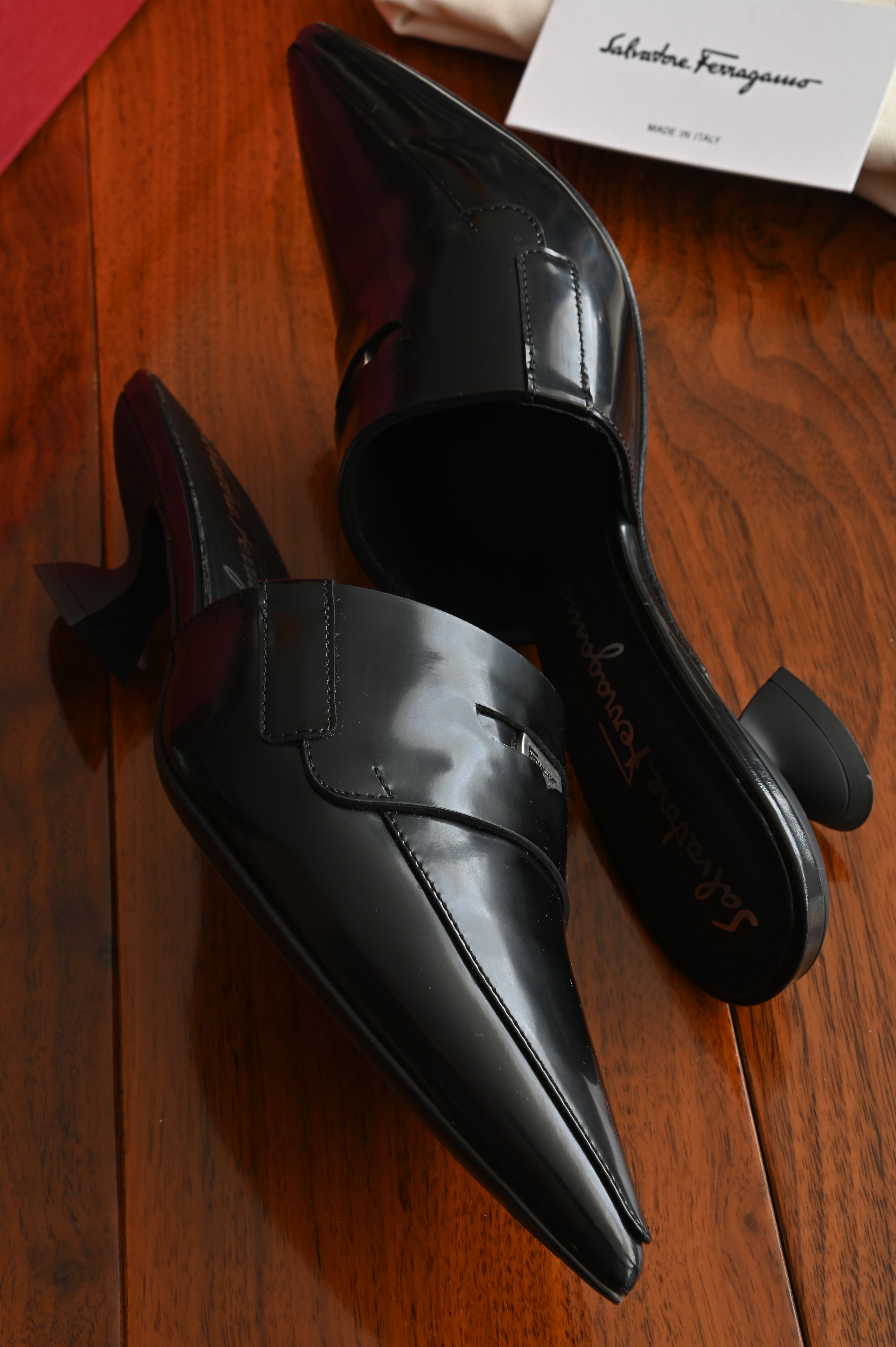 Salvatore Ferragamo Nyta pointed-toe mules in black calf leather side