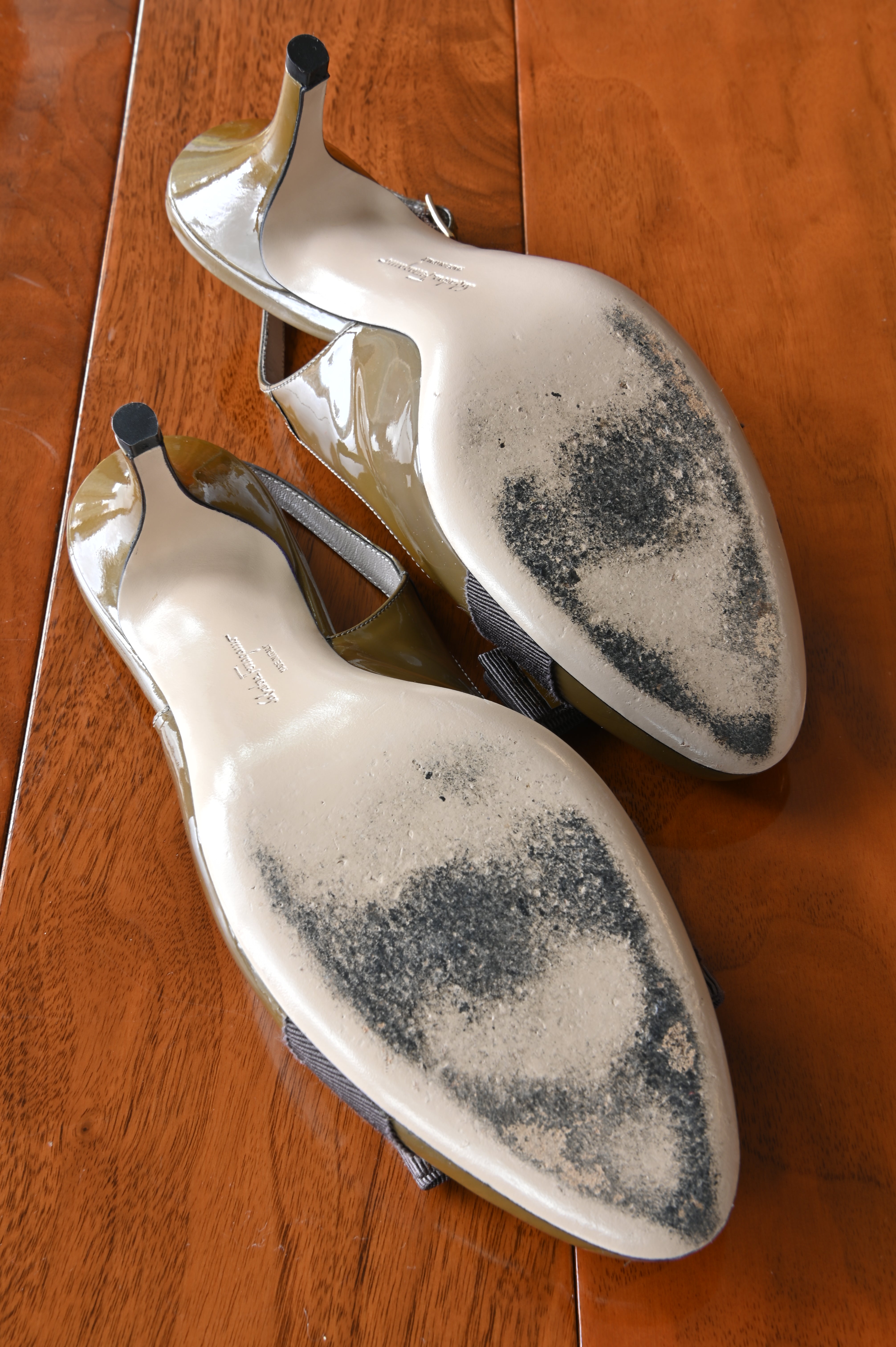 Salvatore Ferragamo Olive Green Patent Pumps bottom