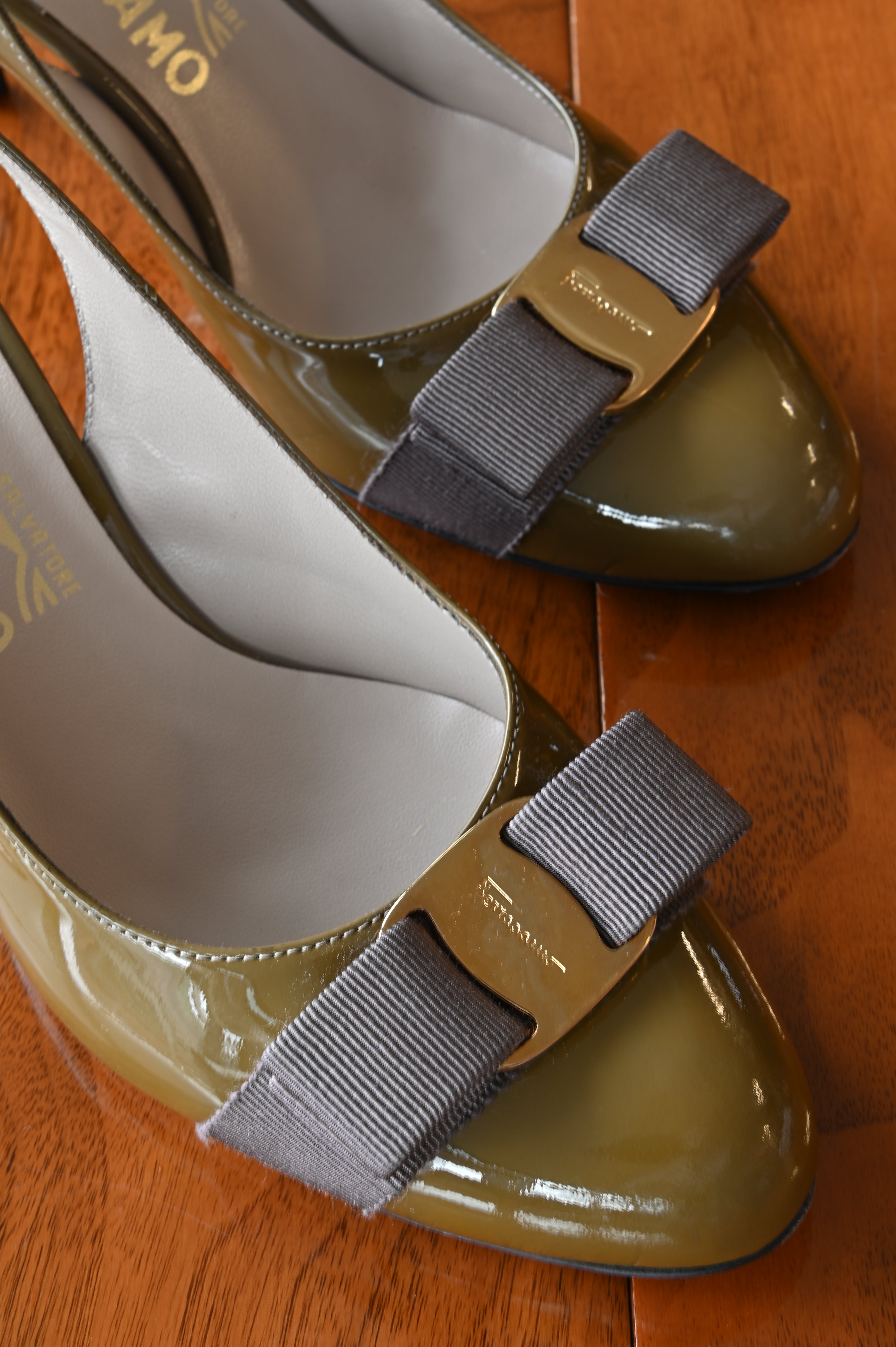 Salvatore Ferragamo Olive Green Patent Pumps front
