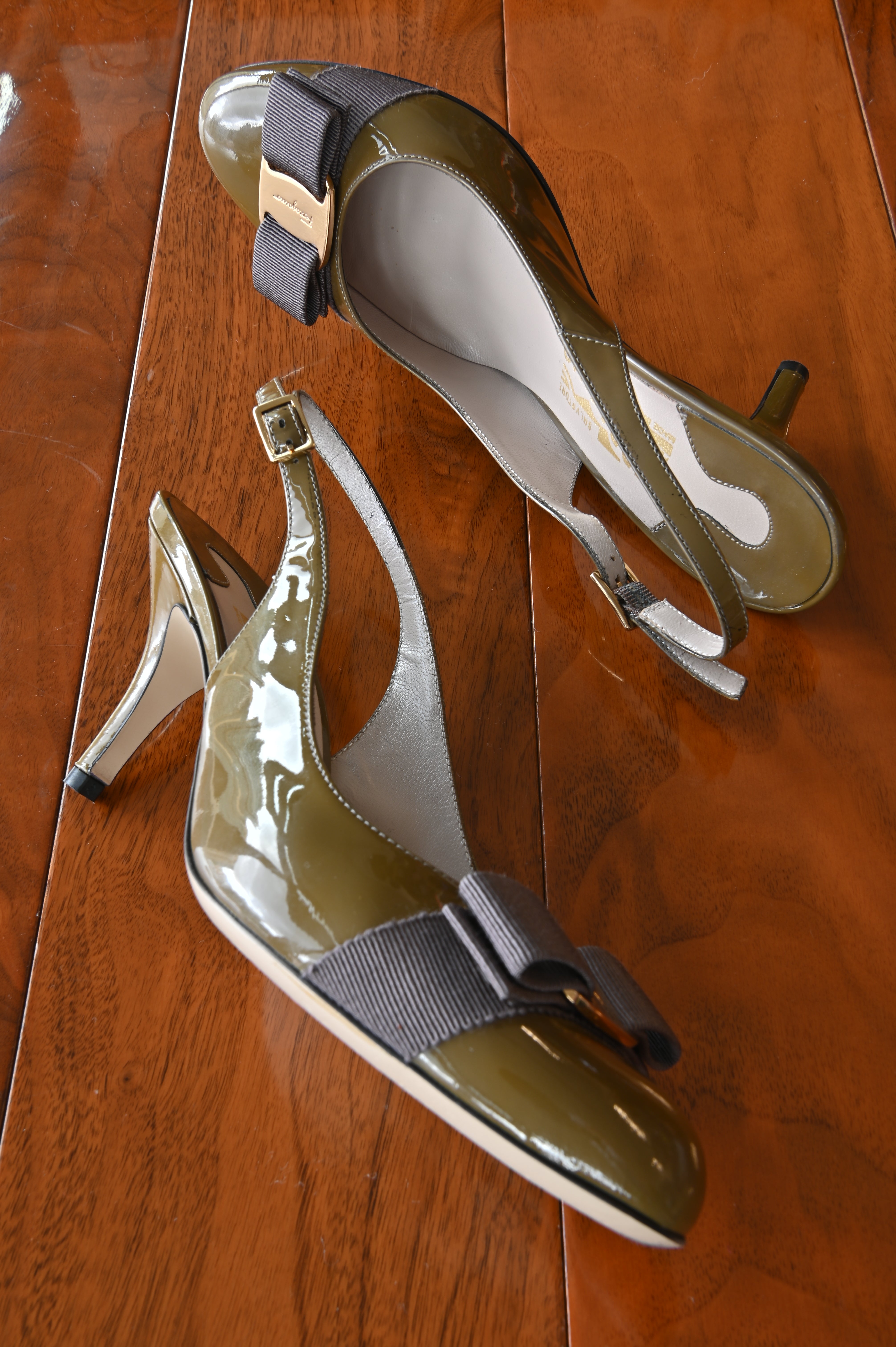 Salvatore Ferragamo Olive Green Patent Pumps side