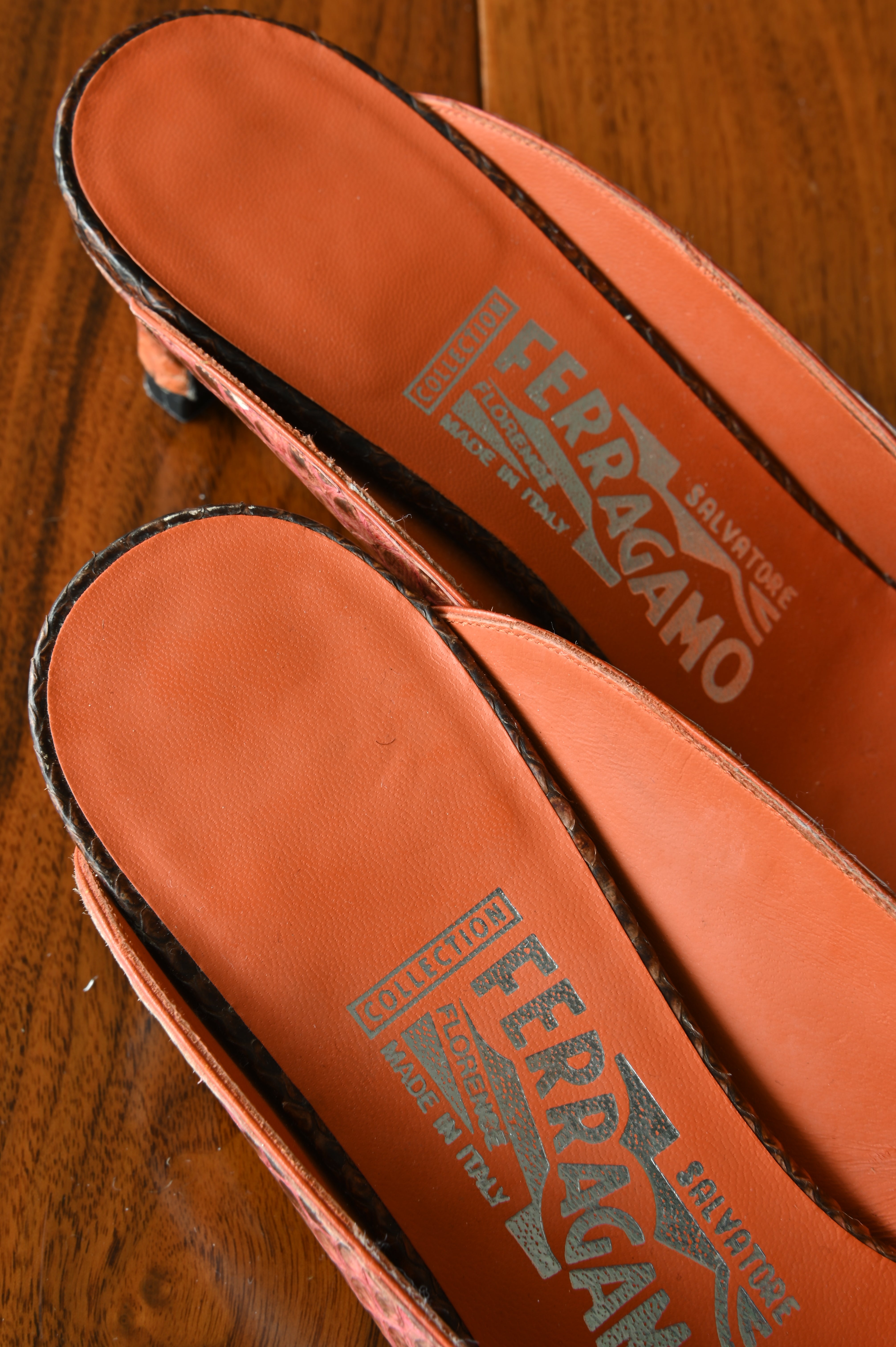 Salvatore Ferragamo Orange Python Heels logo