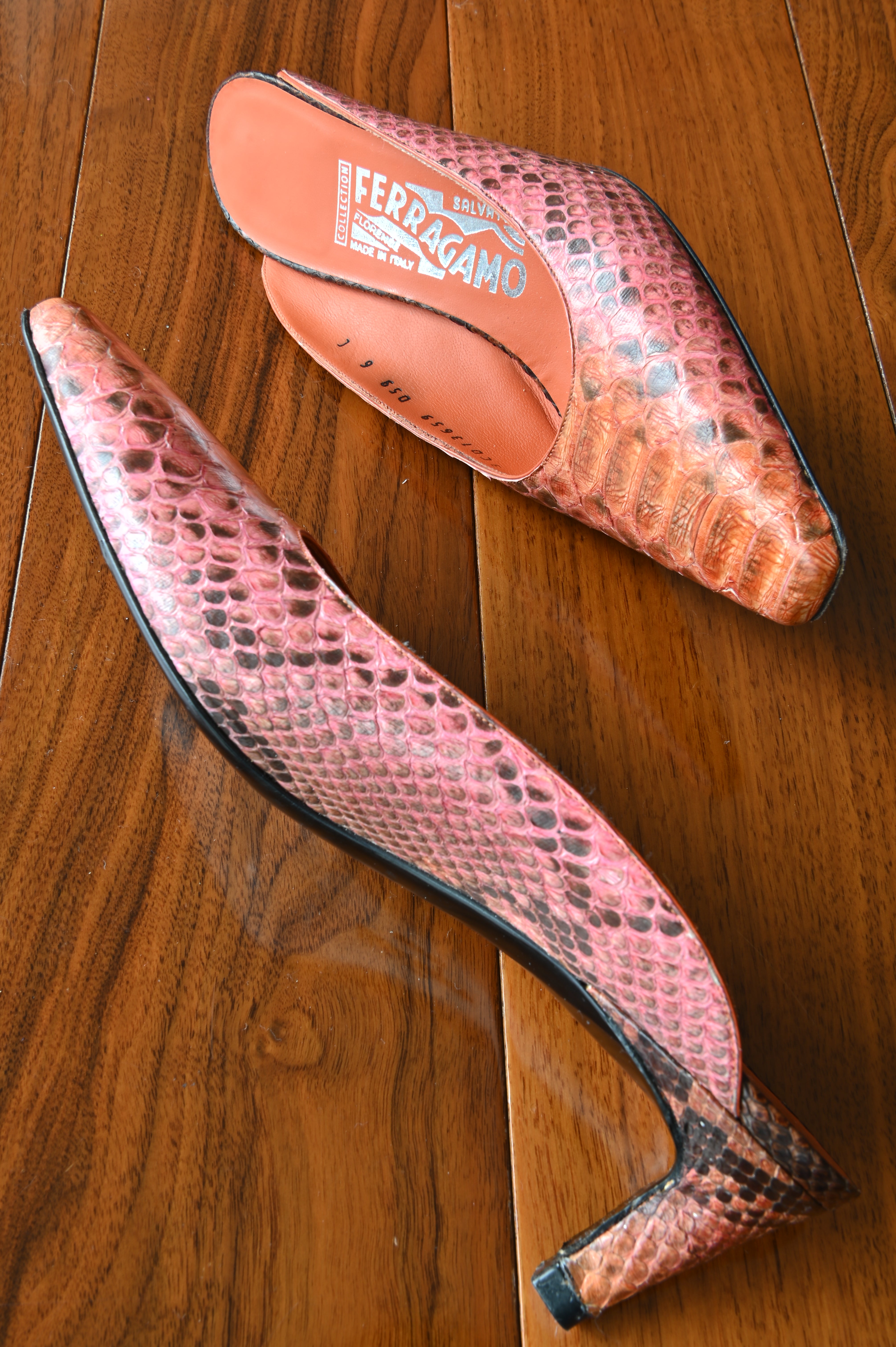 Salvatore Ferragamo Orange Python Heels side two