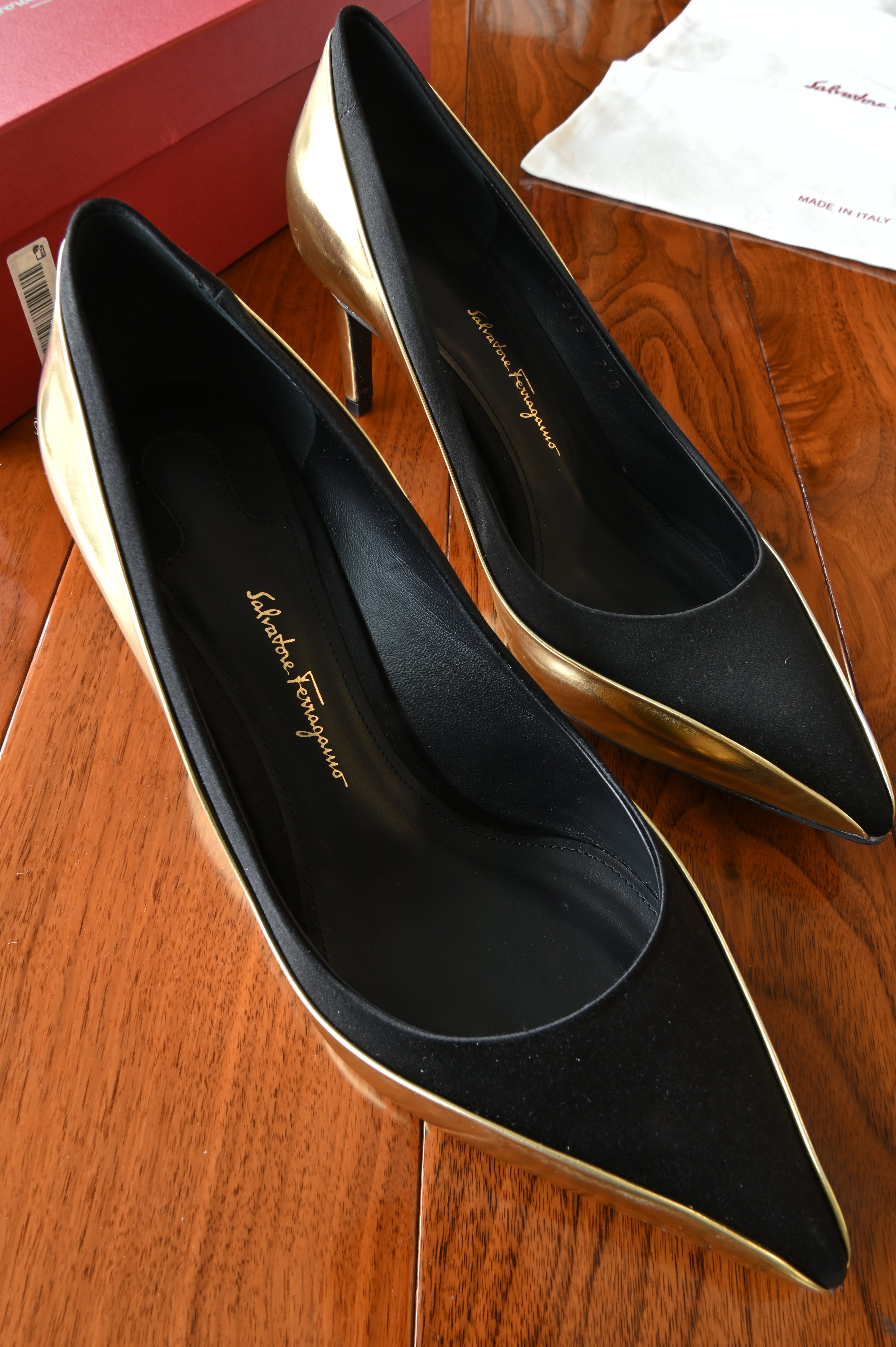 Salvatore Ferragamo Pointed Black Gold Pumps