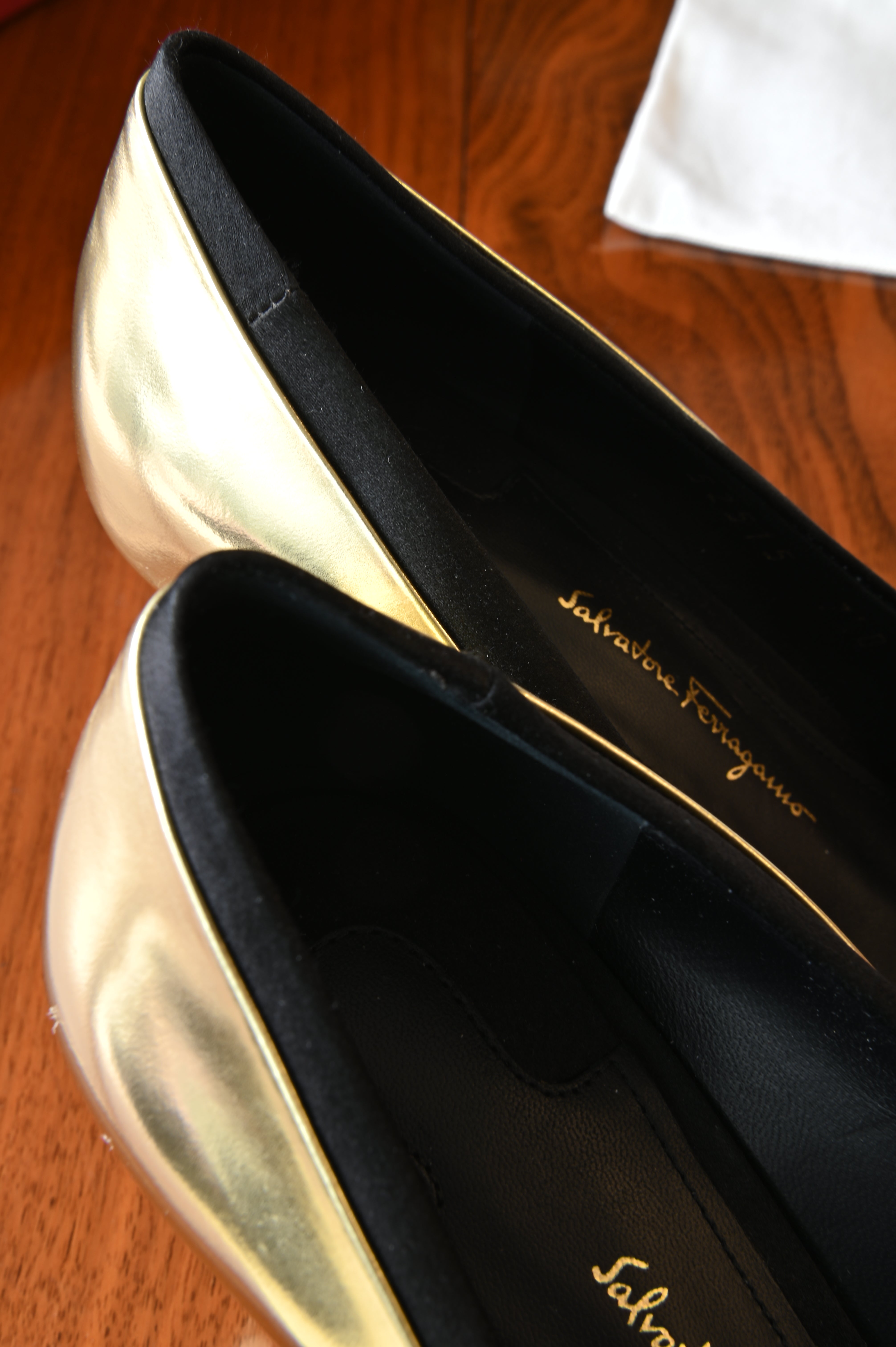Salvatore Ferragamo Pointed Black Gold Pumps back