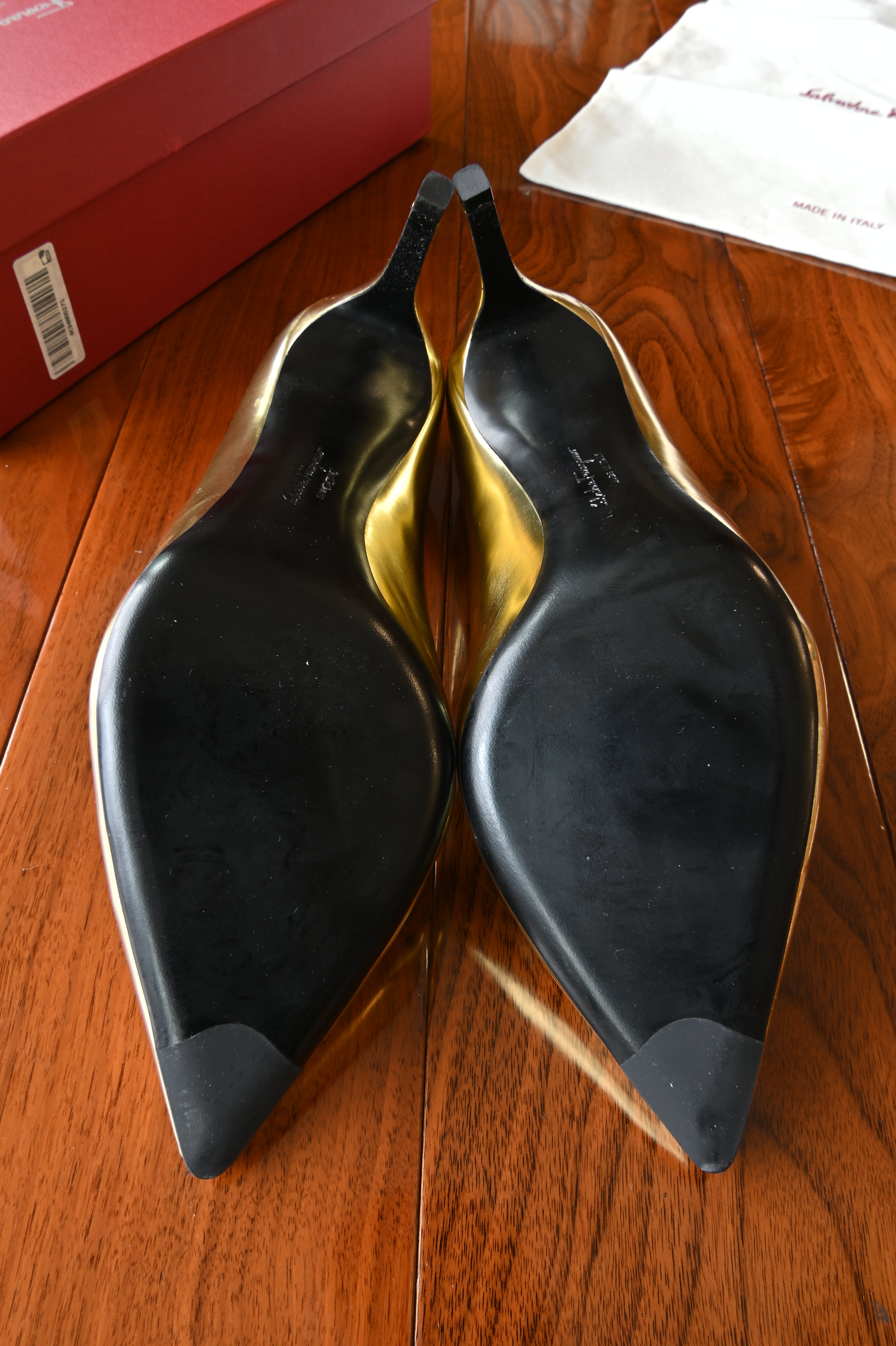 Salvatore Ferragamo Pointed Black Gold Pumps bottom
