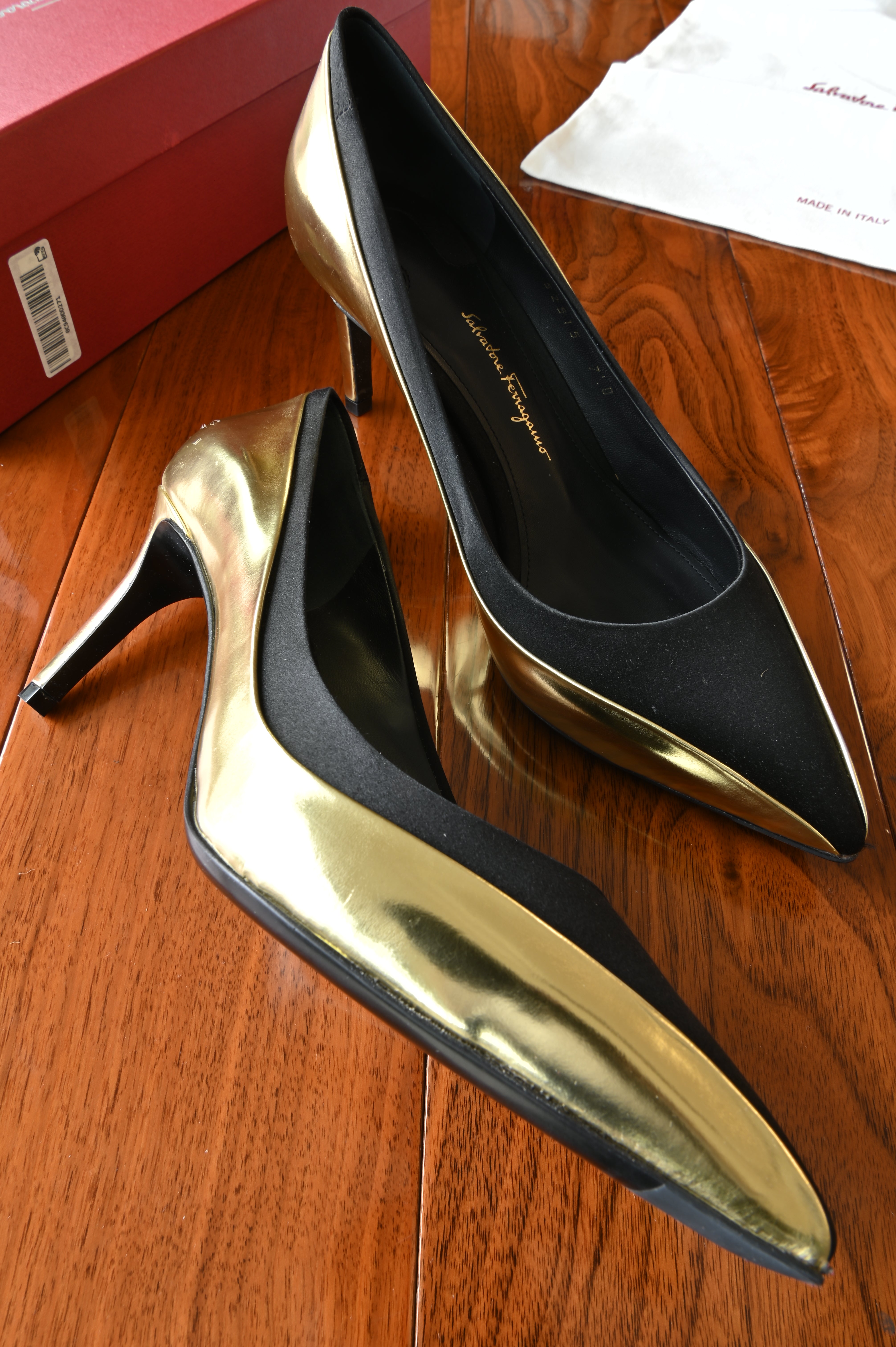 Salvatore Ferragamo Pointed Black Gold Pumps left