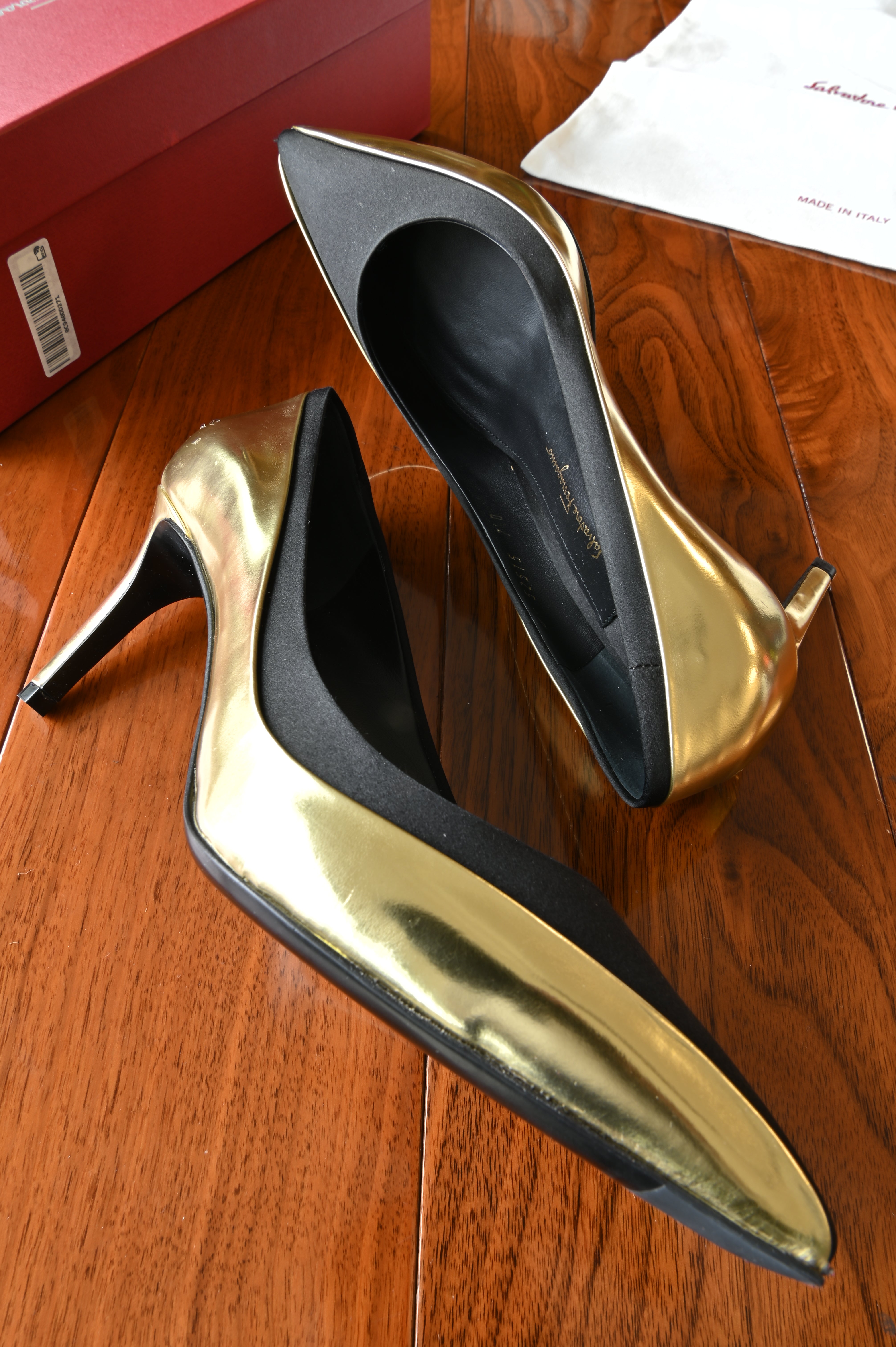 Salvatore Ferragamo Pointed Black Gold Pumps side