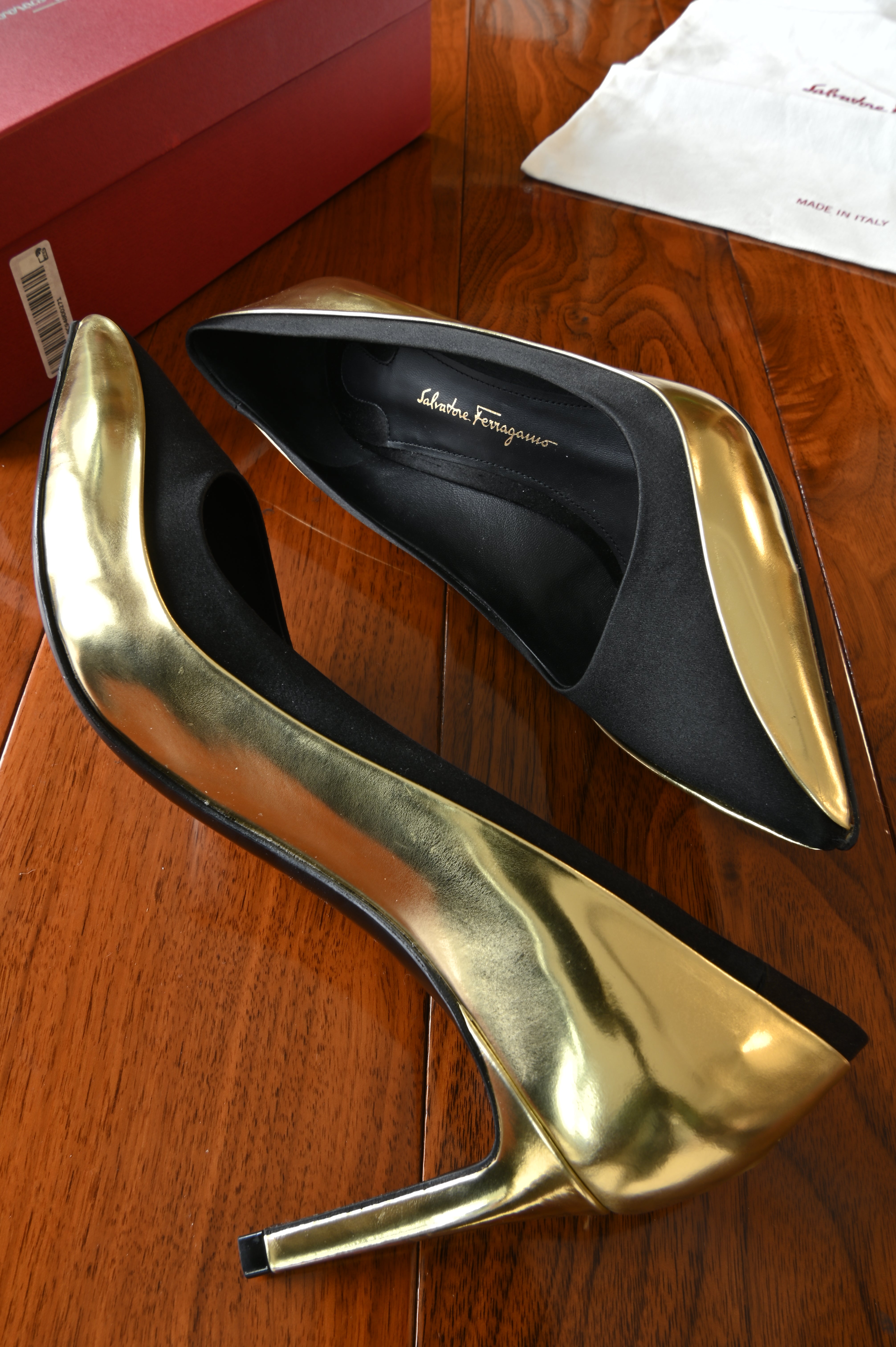 Salvatore Ferragamo Pointed Black Gold Pumps side two