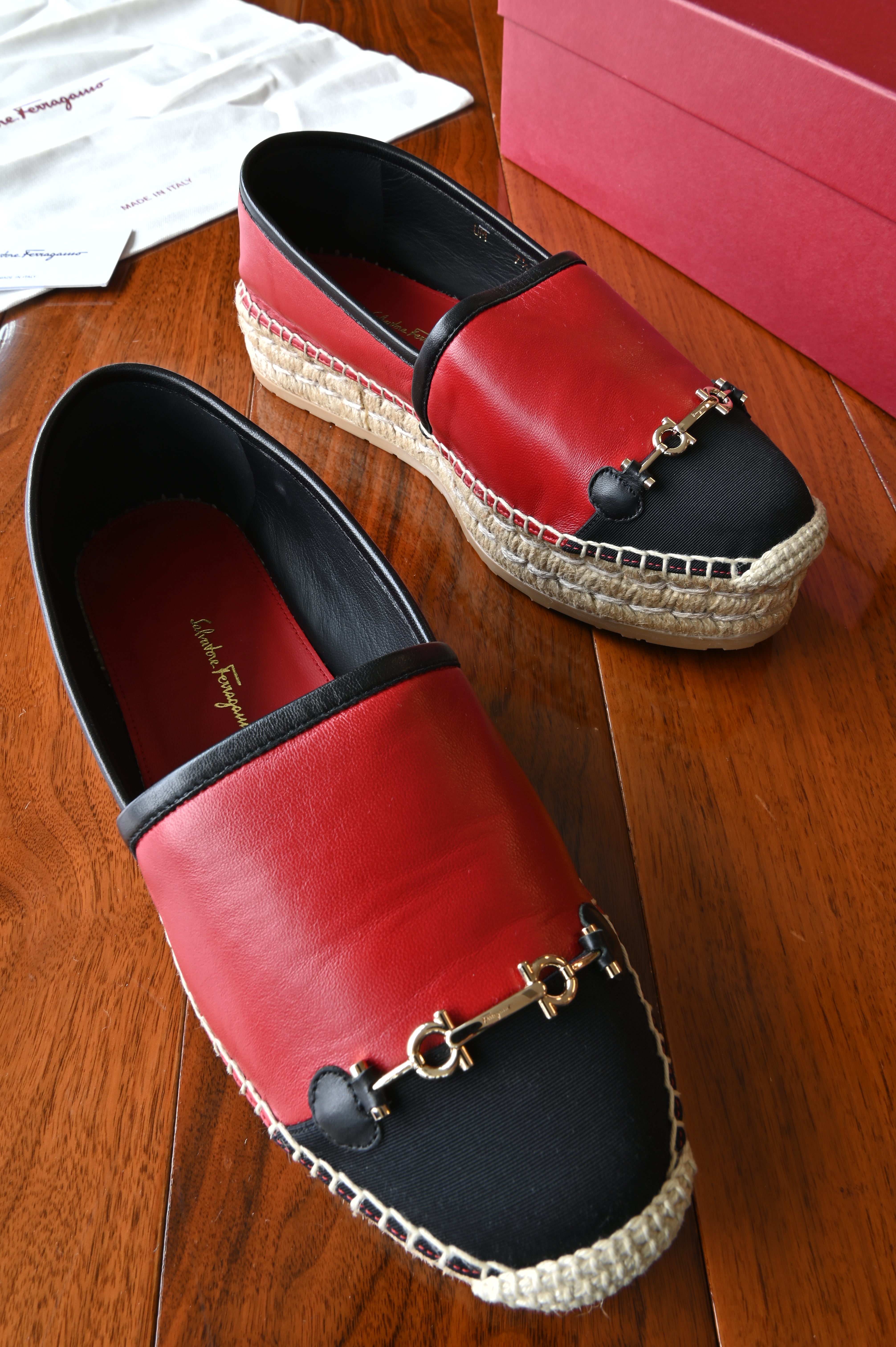 Salvatore Ferragamo Red Black Espadrille Loafers in Gold Hardware