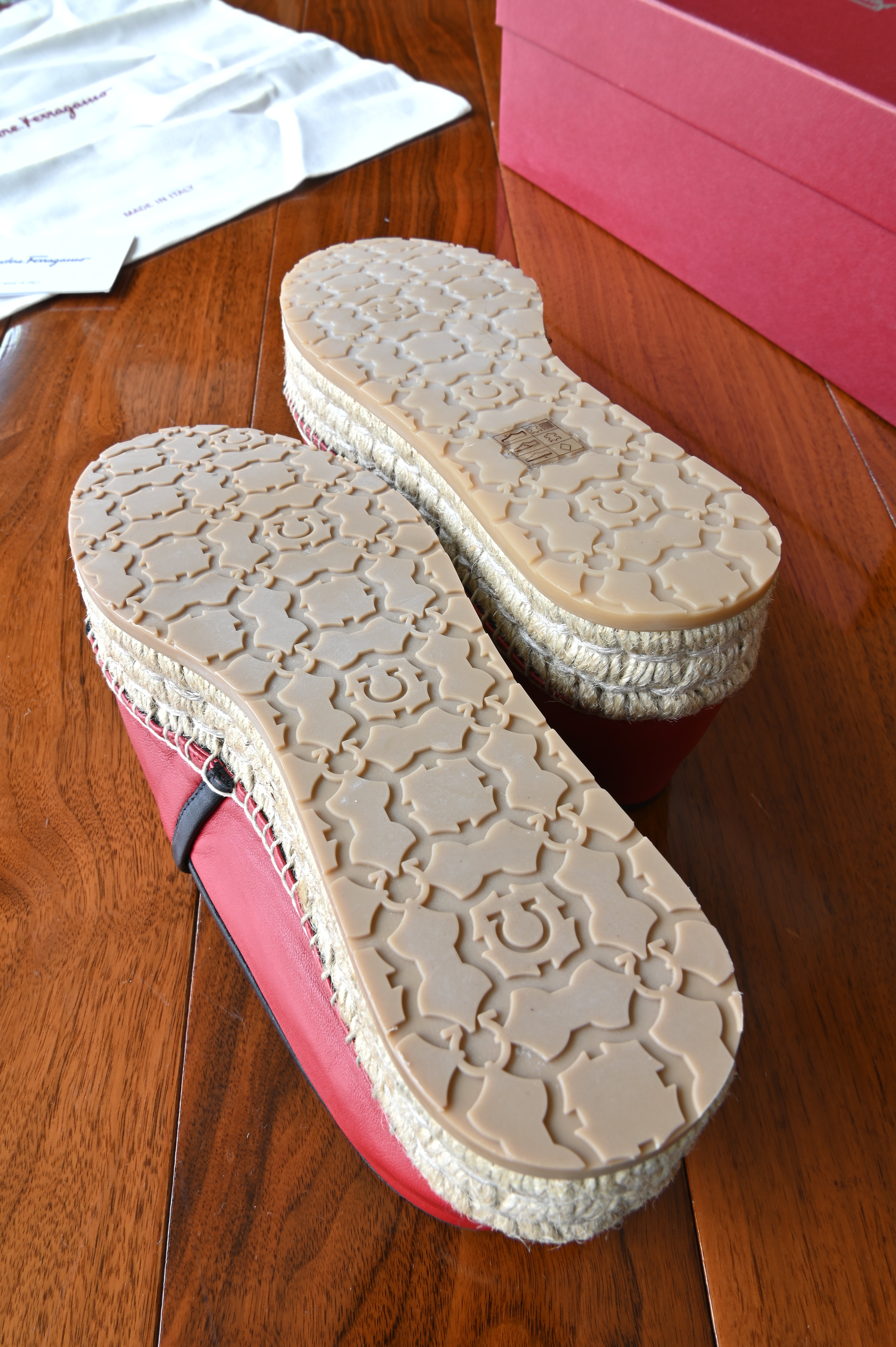 Salvatore Ferragamo Red Black Espadrille Loafers in Gold Hardware bottom