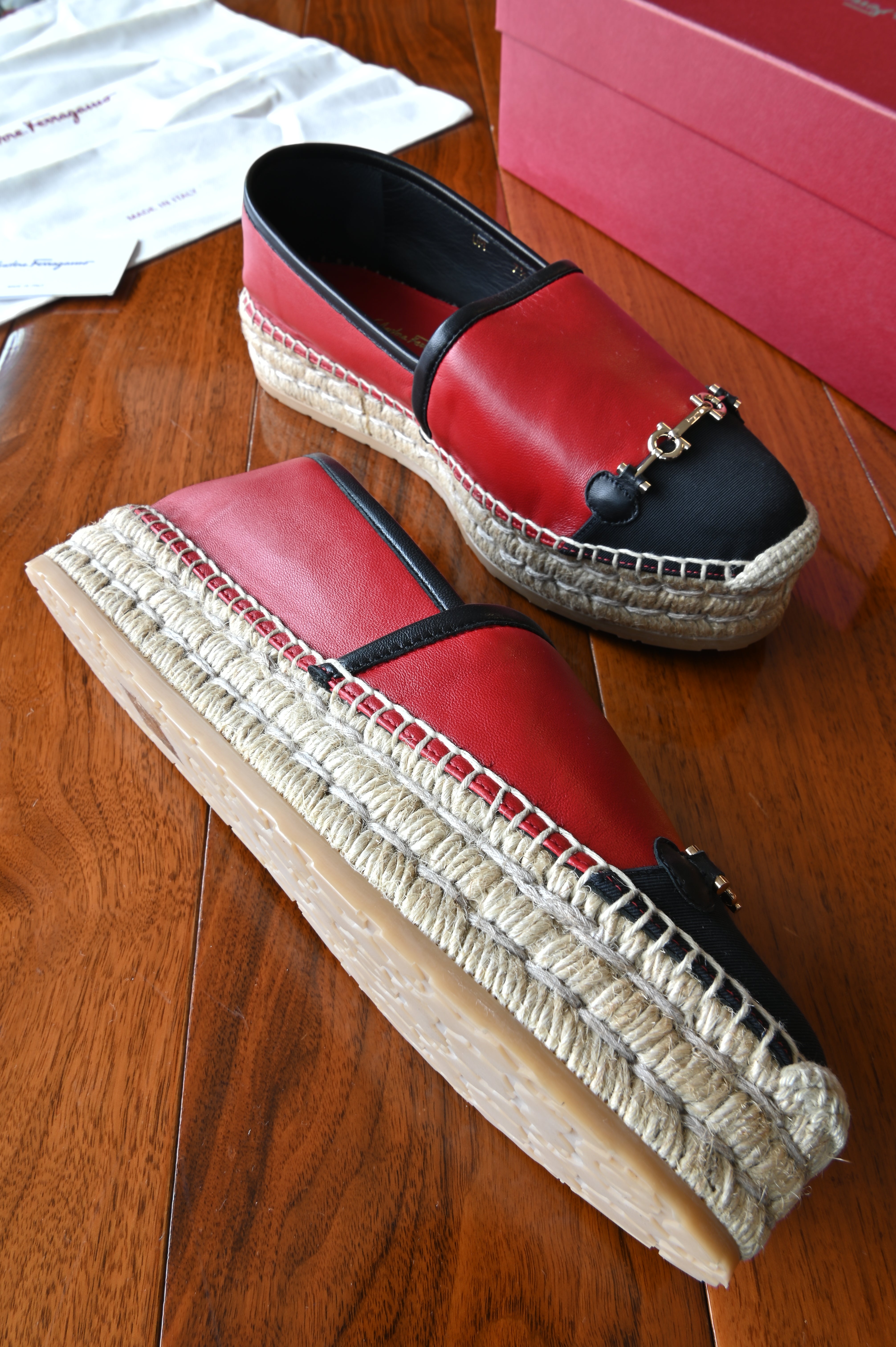 Salvatore Ferragamo Red Black Espadrille Loafers in Gold Hardware left