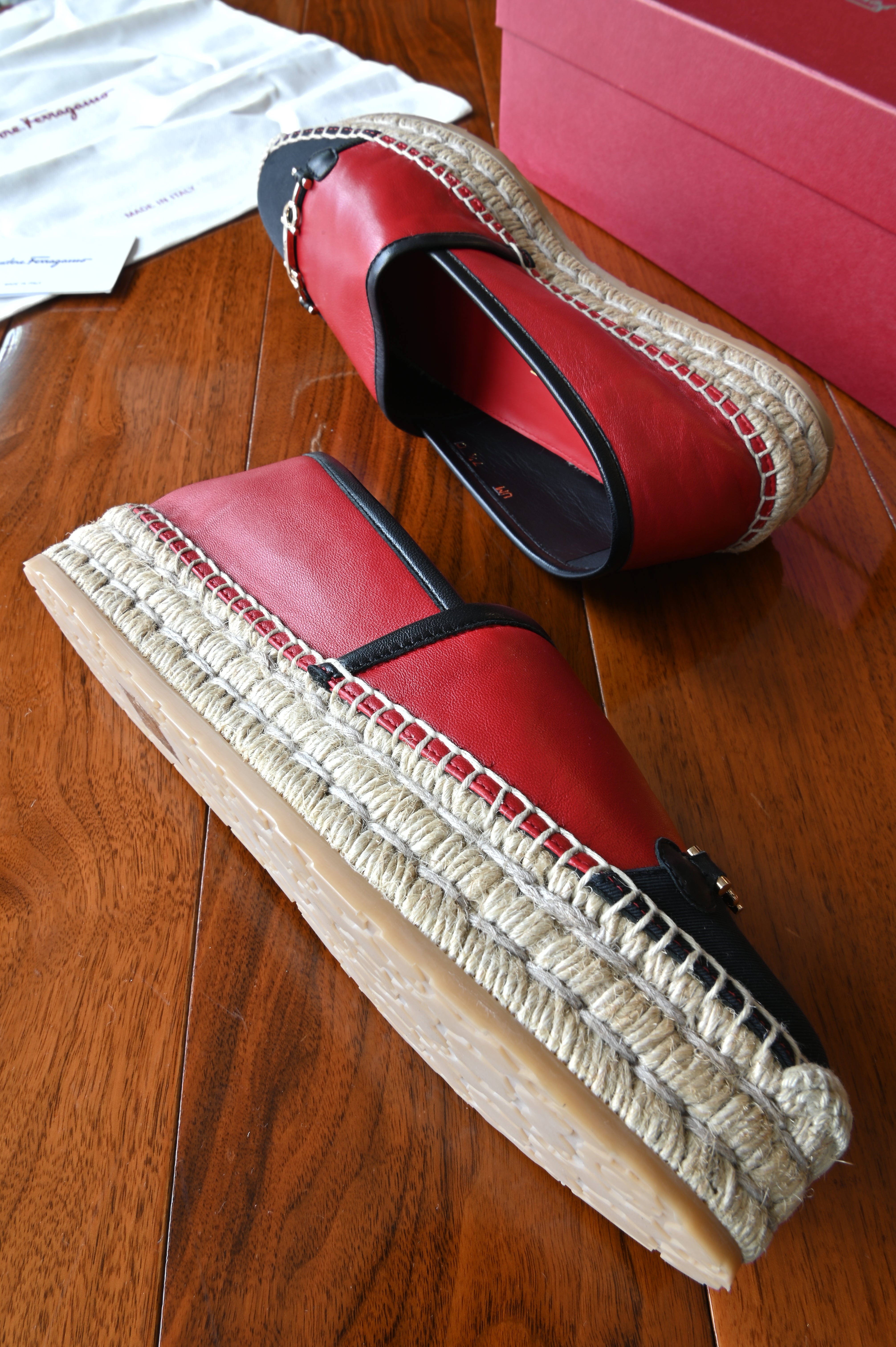 Salvatore Ferragamo Red Black Espadrille Loafers in Gold Hardware side