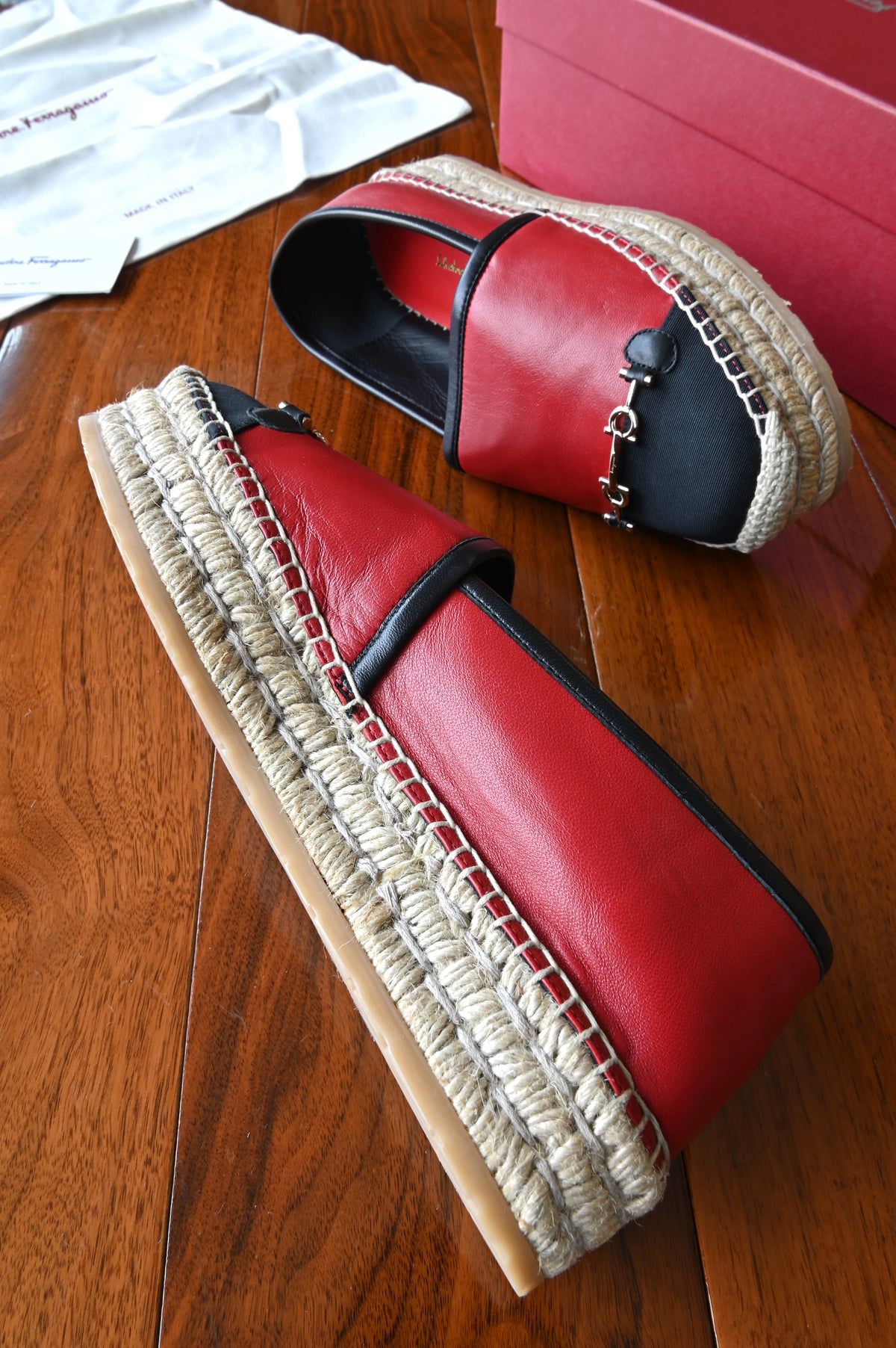 Salvatore Ferragamo Red Black Espadrille Loafers in Gold Hardware side two