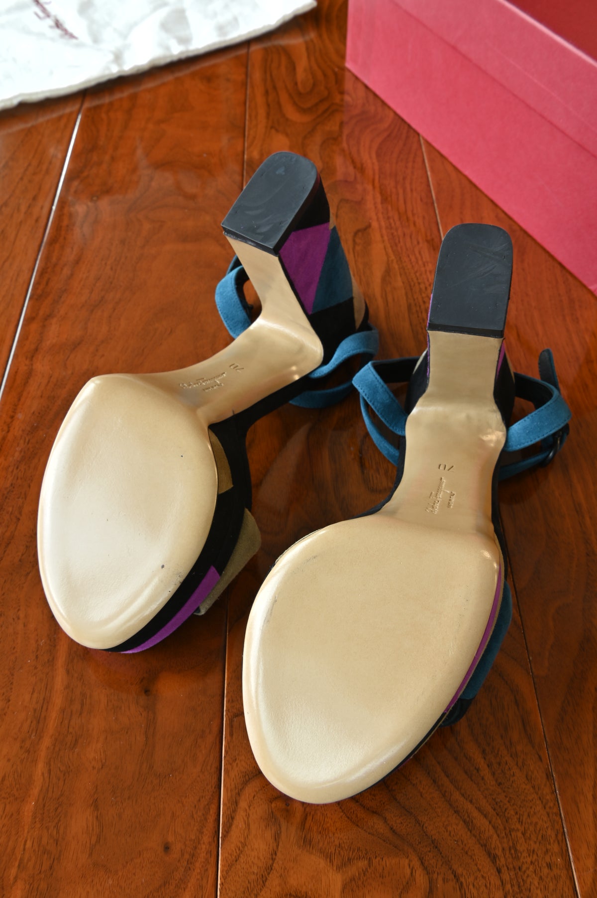 Salvatore Ferragamo TriColor Suede Sandals bottom two