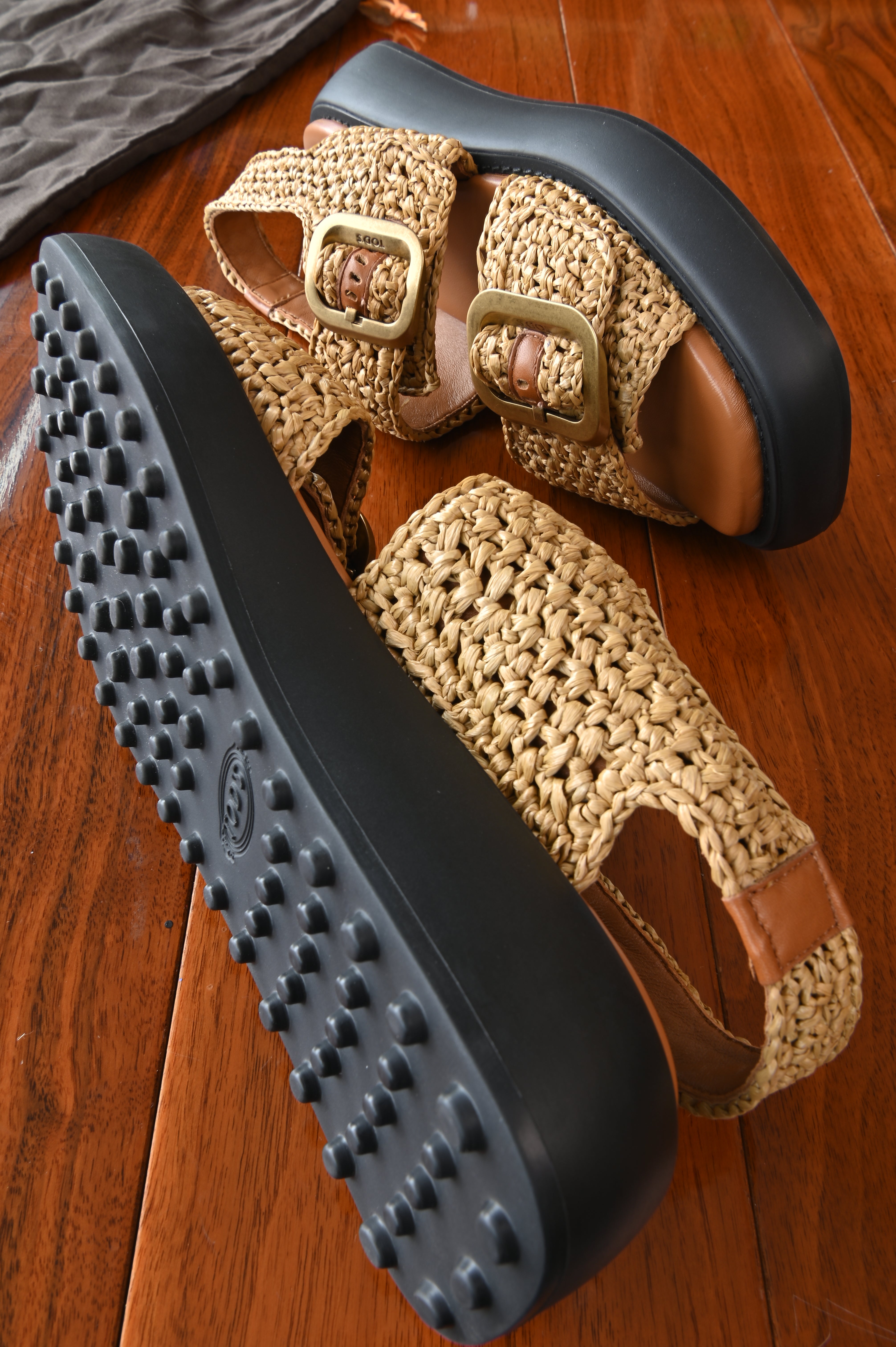 Tod's Tan Woven Raffia Platform Sandals side two