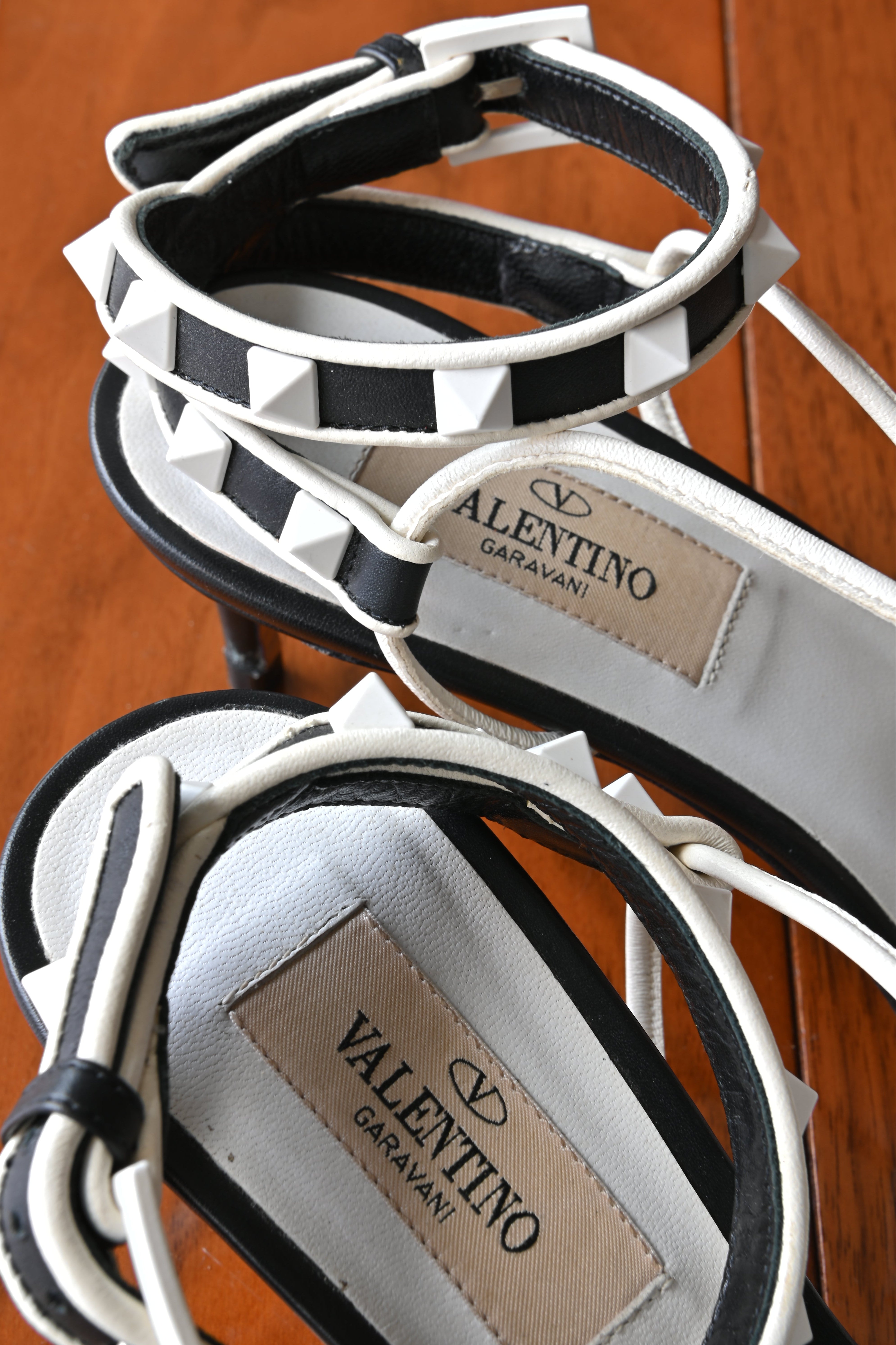 Valentino Garavani Black White Rockstud Cage Sandals back