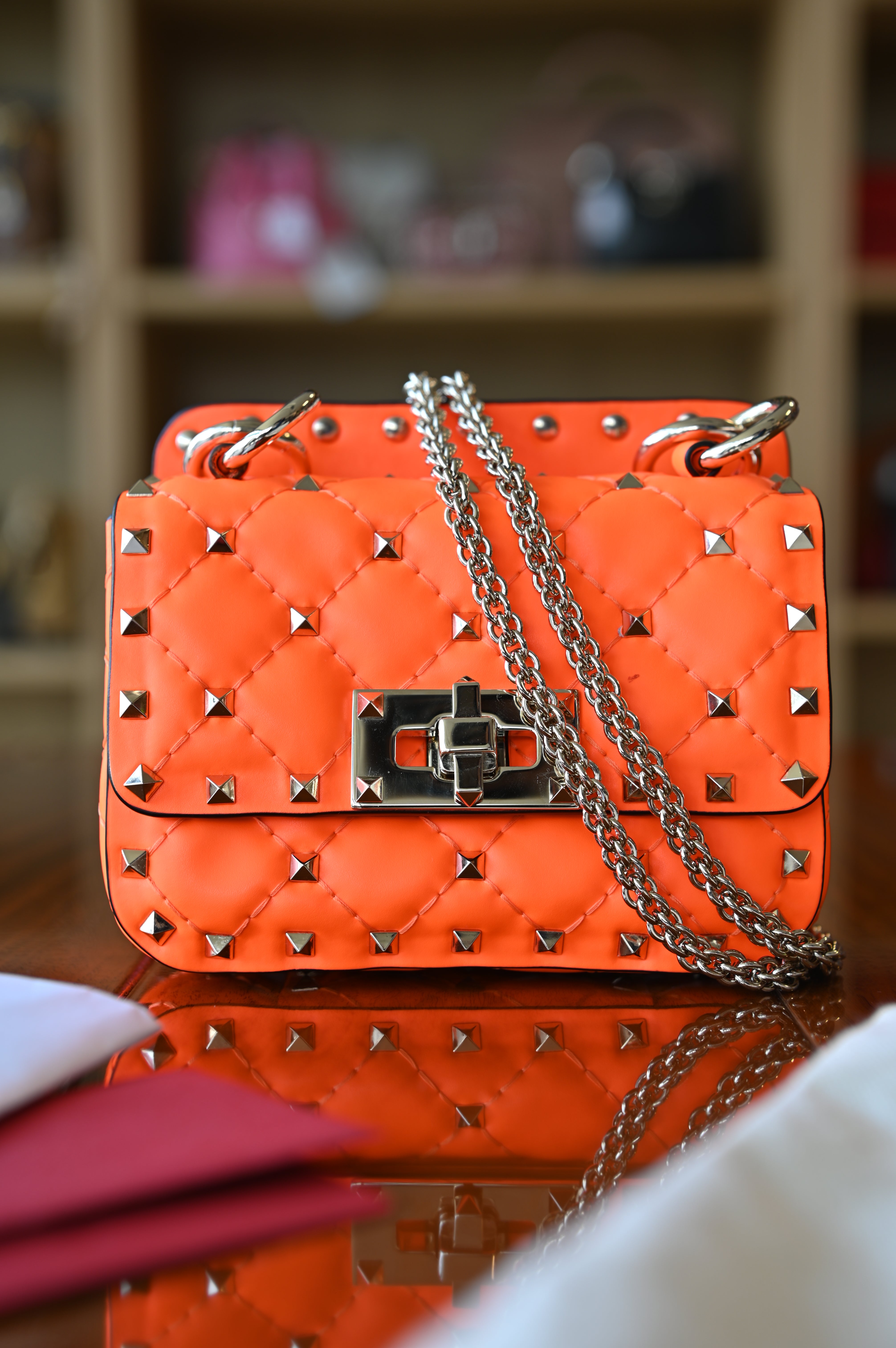 Valentino Garavani Mini Orange Rockstud Shoulder Bag strap