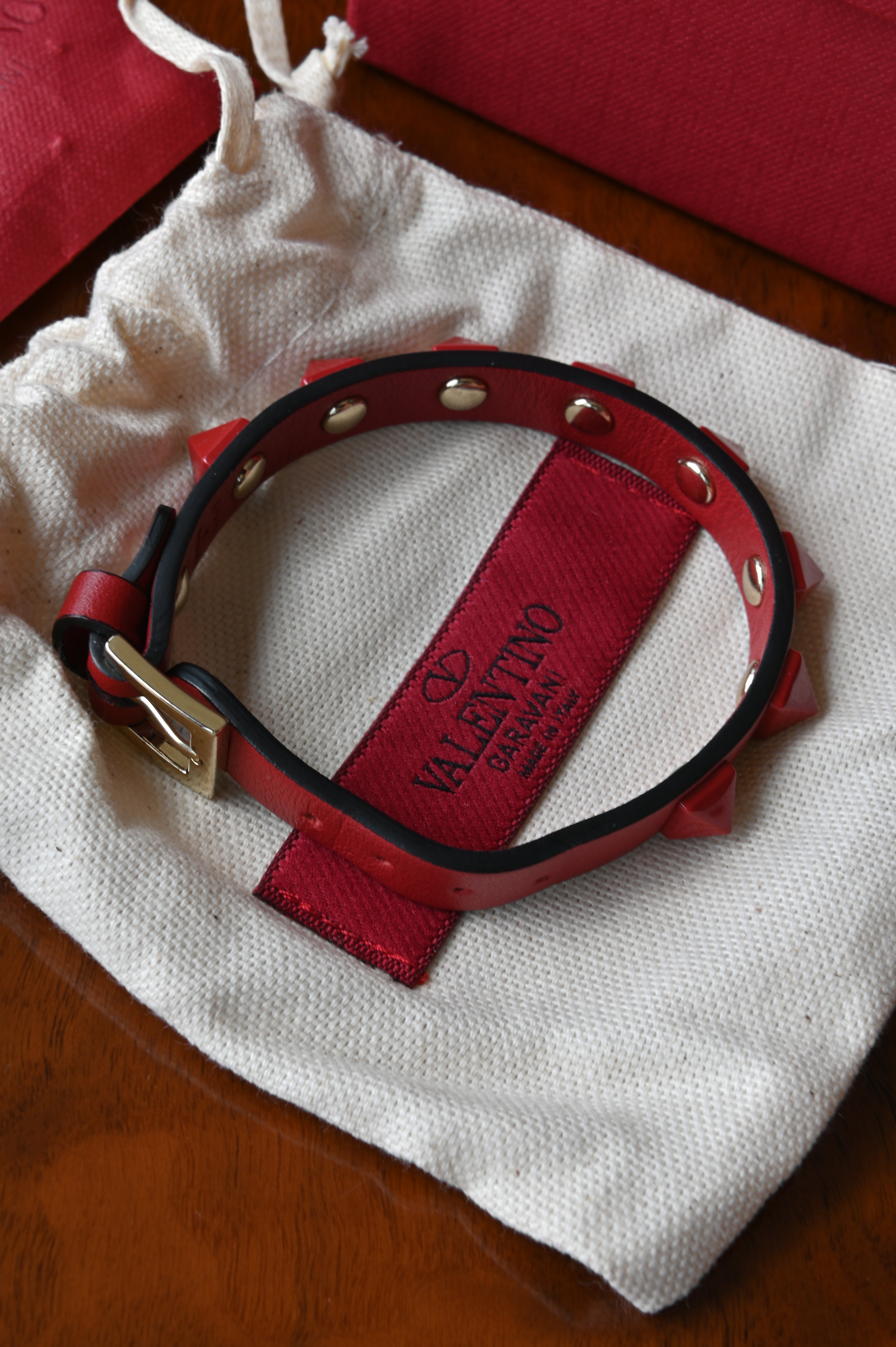 Valentino Garavani Red Rockstud Leather Bracelet open