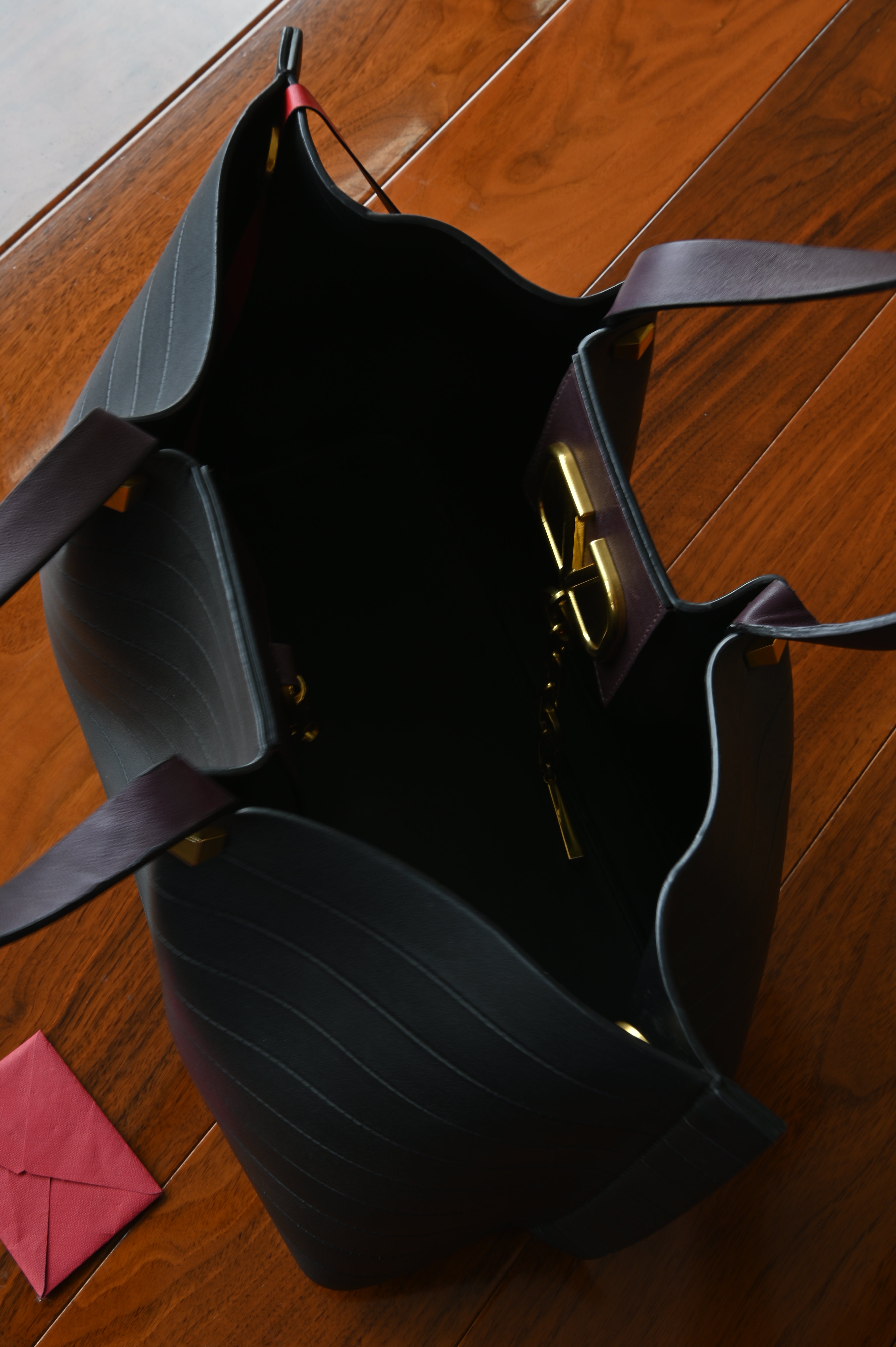 Valentino Garavani VLogo Black Gold Tote Bag open