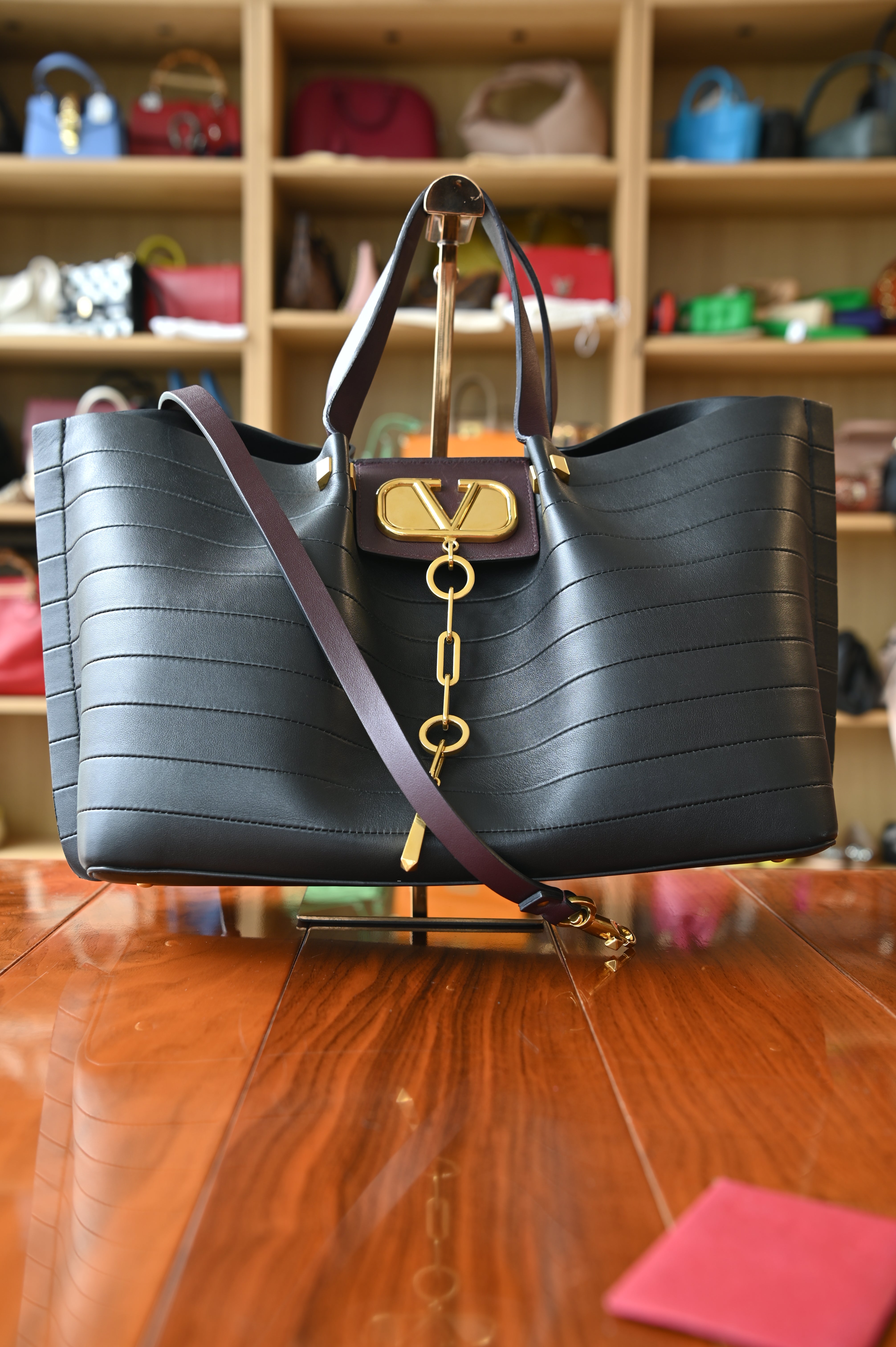Valentino Garavani VLogo Black Gold Tote Bag strap