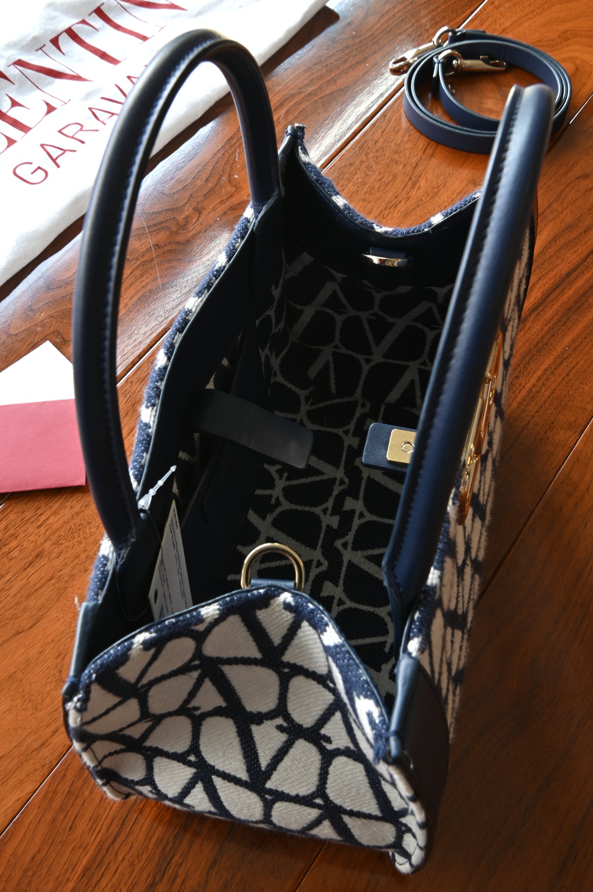 Valentino White Blue VLogo Small Tote Bag open top