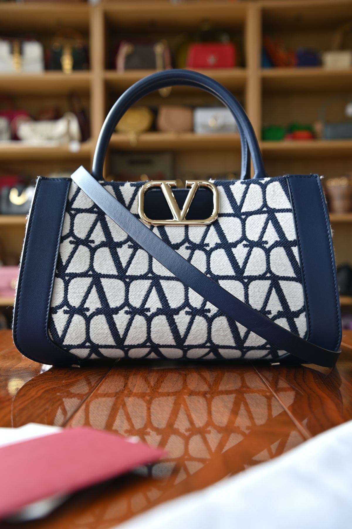 Valentino White Blue VLogo Small Tote Bag strap