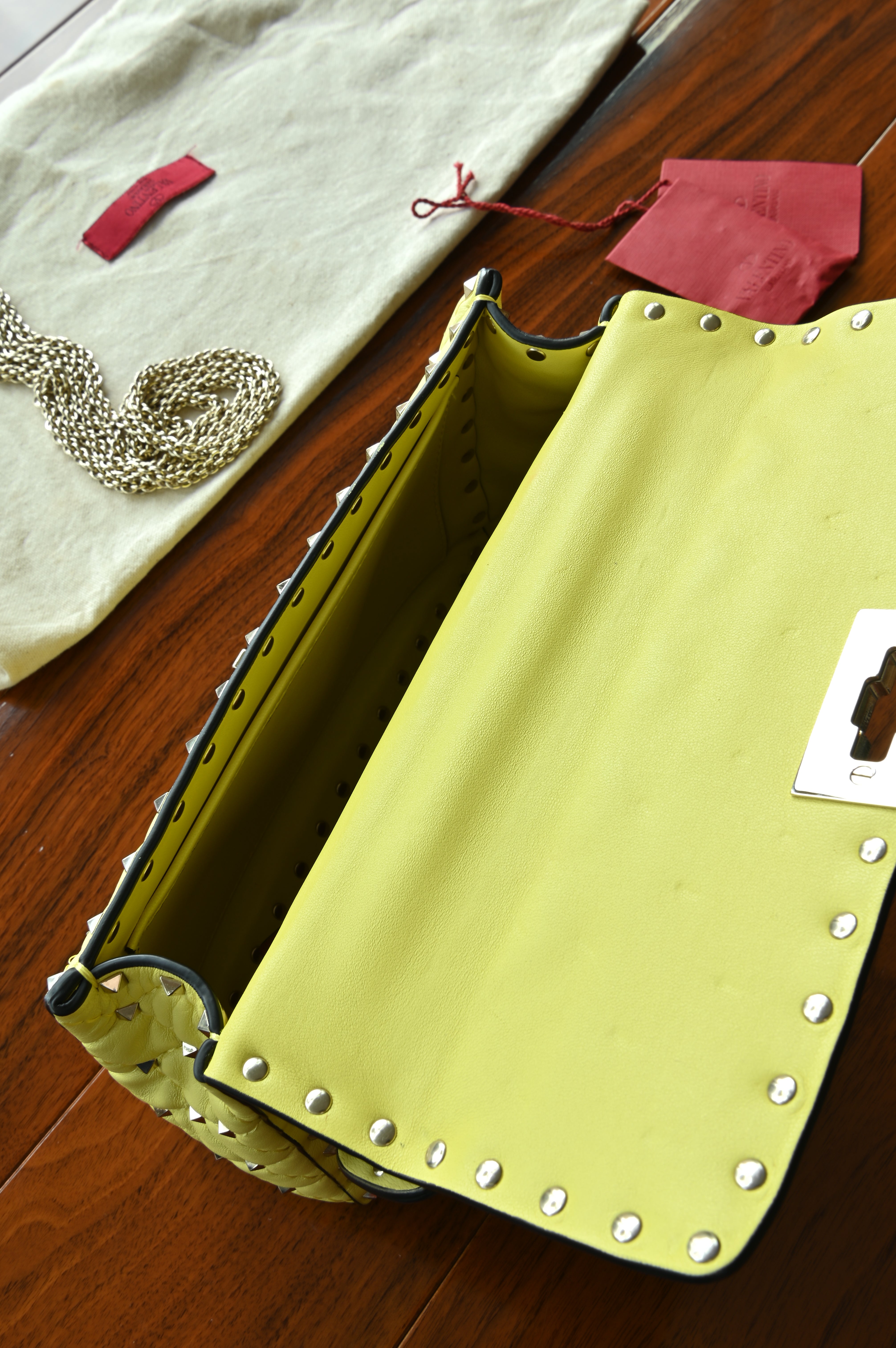 Valentino Yellow Rockstud Crossbody Bag open