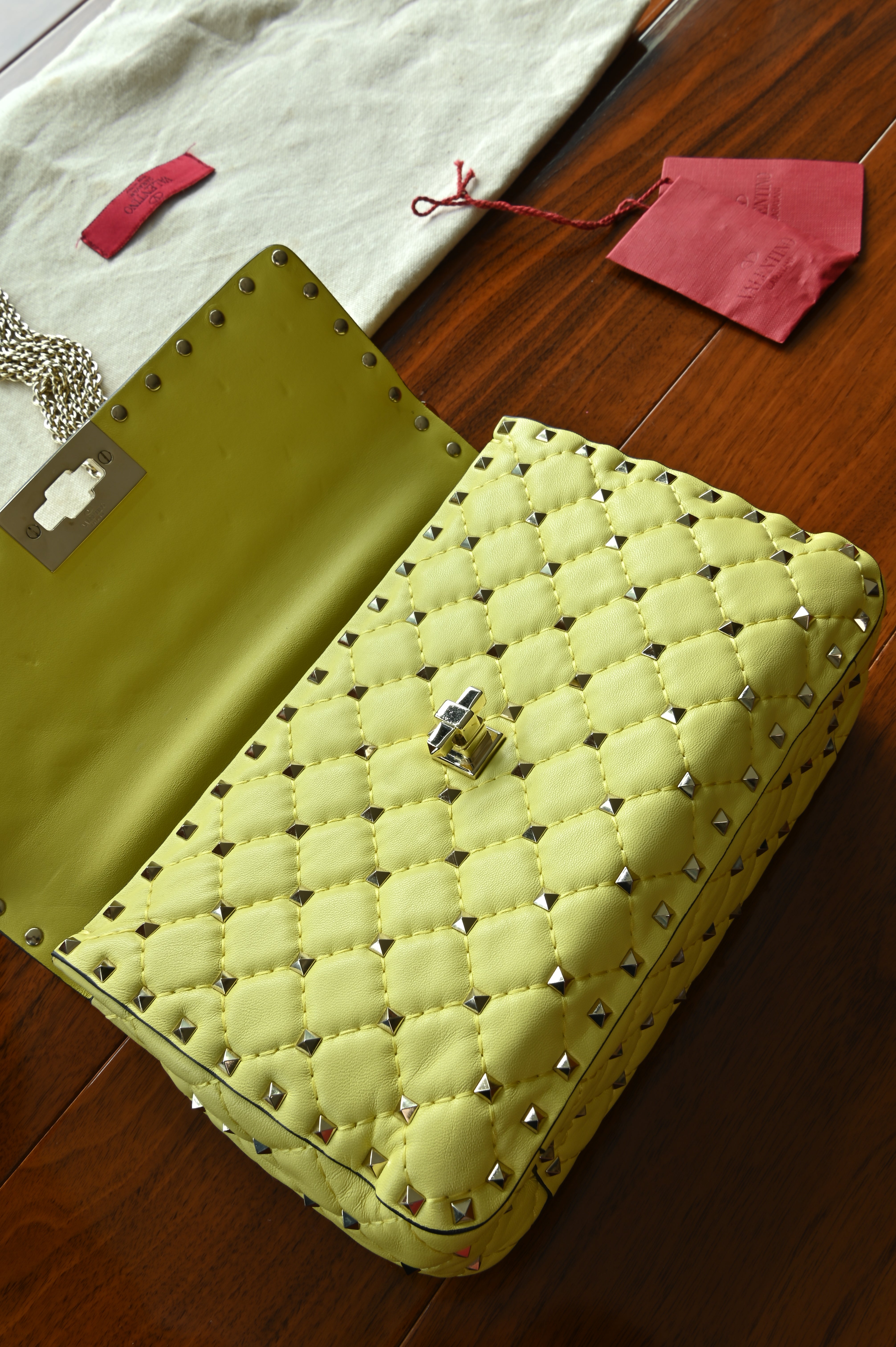Valentino Yellow Rockstud Crossbody Bag open flap