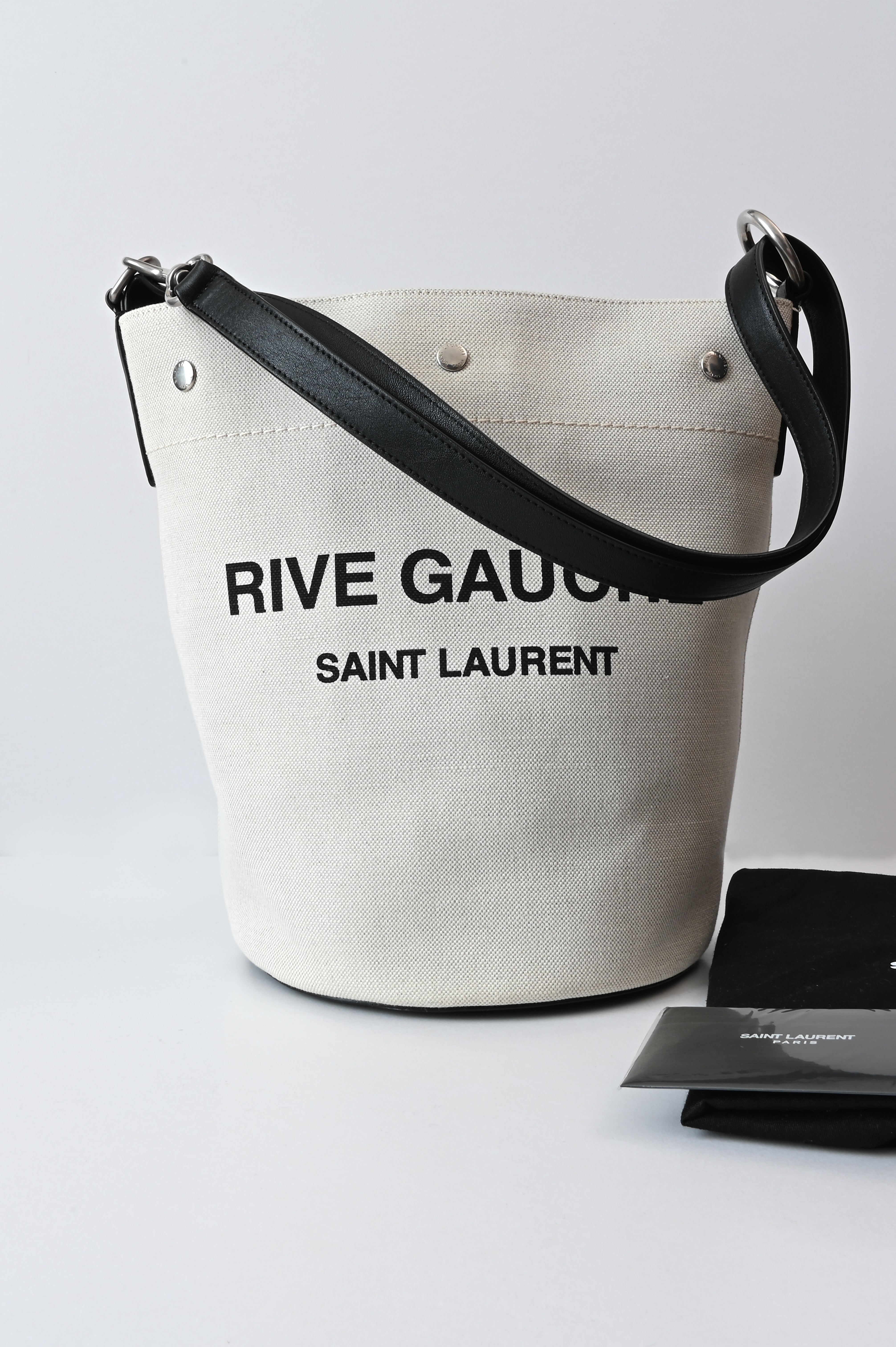 Saint Laurent Rive Gauche Bucket Bag in White Linen