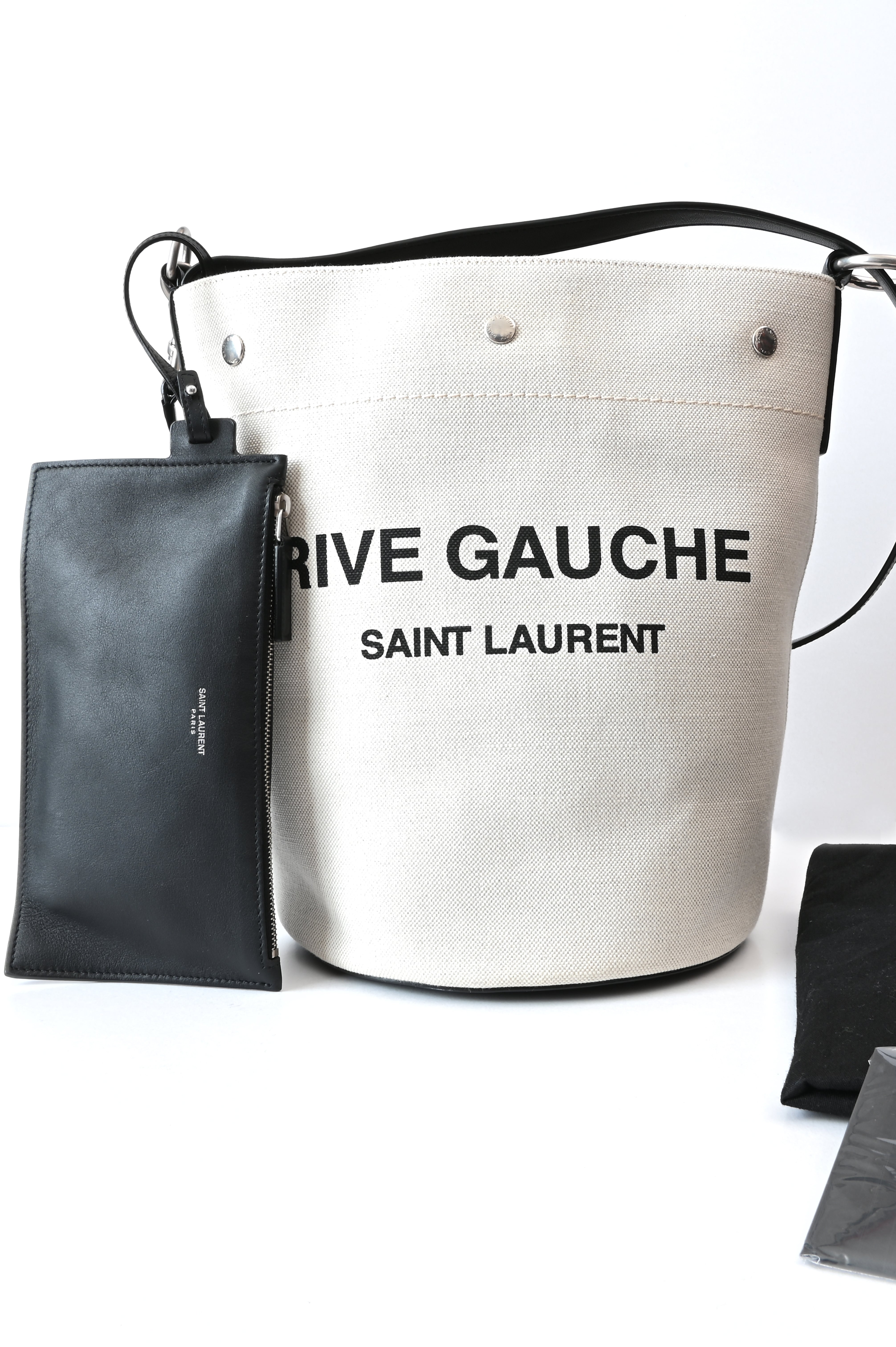 Saint Laurent Rive Gauche Bucket Bag in White Linen