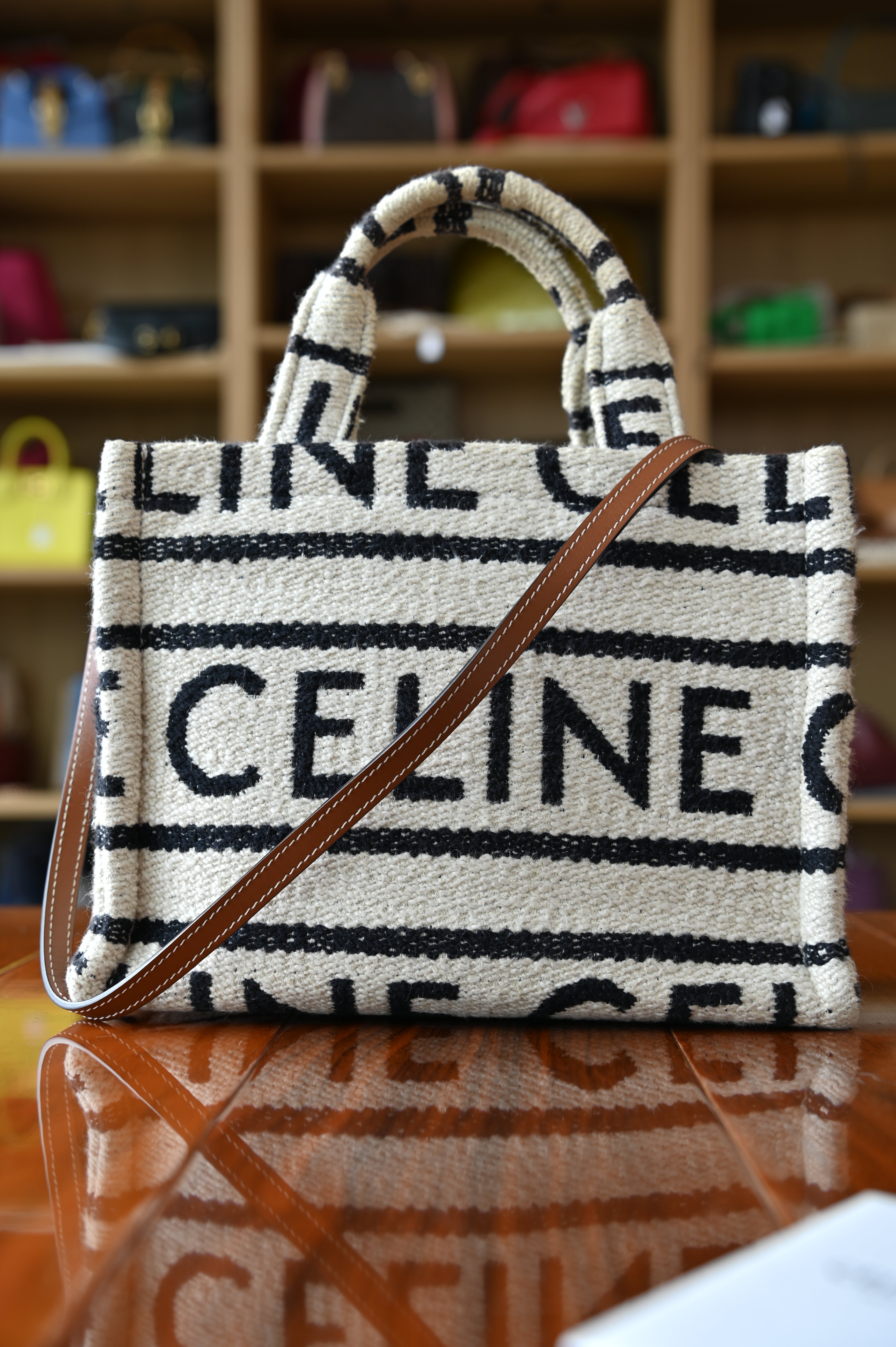 Authentic Celine Small White Canvas Tote Bag showing the iconic logo canvas and structured silhouette, front close-up view.