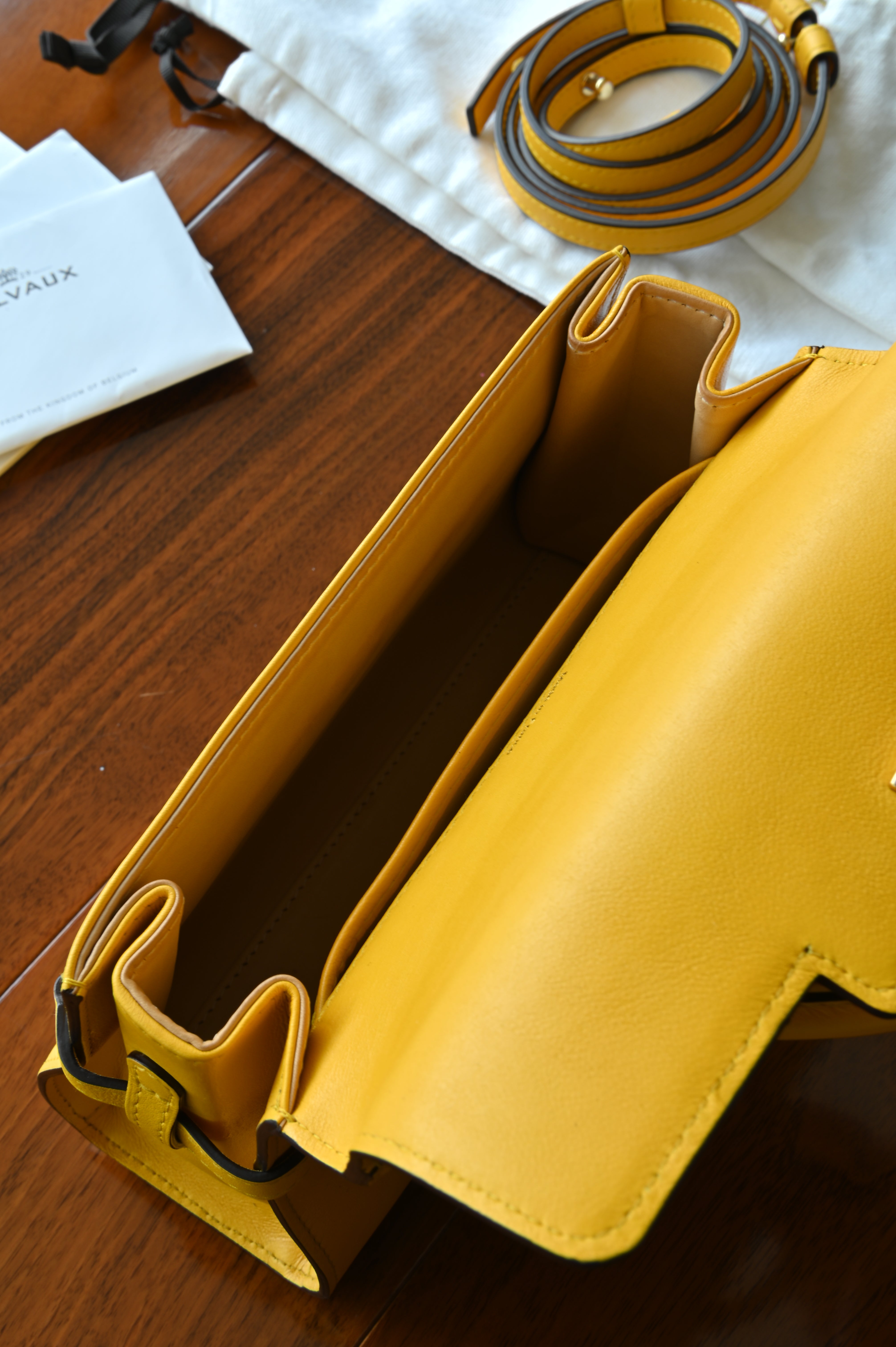 Close-up of the authentic Delvaux Tempête Mini Souple Safra Yellow Leather Top Handle Bag showcasing the embossed Delvaux logo on the leather exterior.