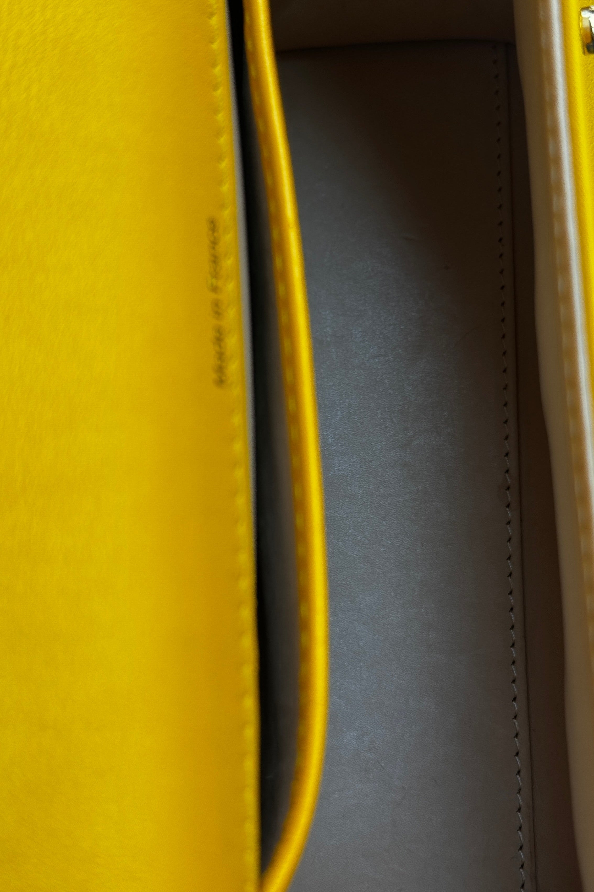 Close-up of the authentic Delvaux Tempête Mini Souple Safra Yellow Leather Top Handle Bag showcasing the embossed Delvaux logo on the leather exterior.