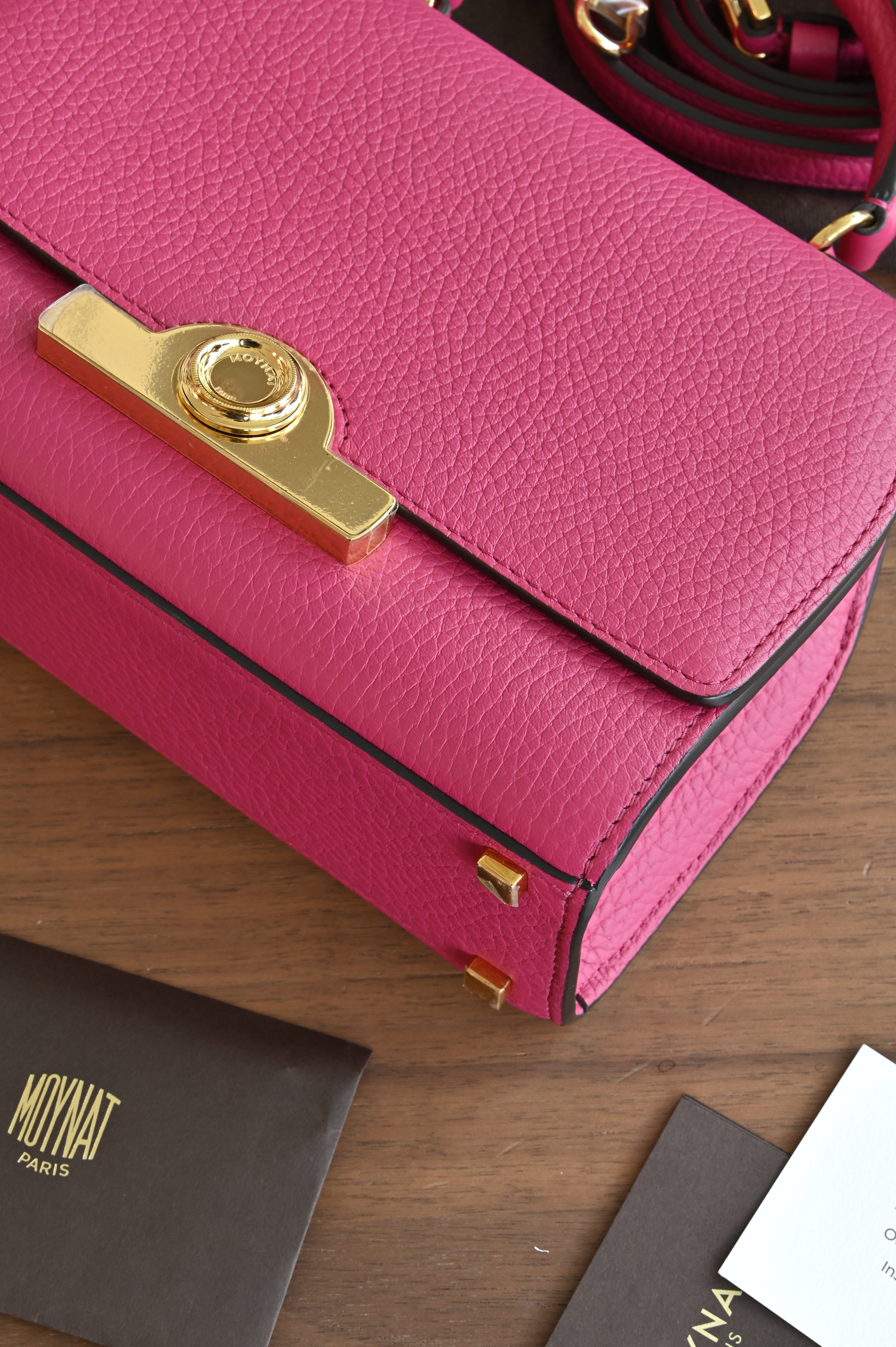 Authentic preloved Moynat Rejane BB in fuchsia pink – bottom corner view 2
