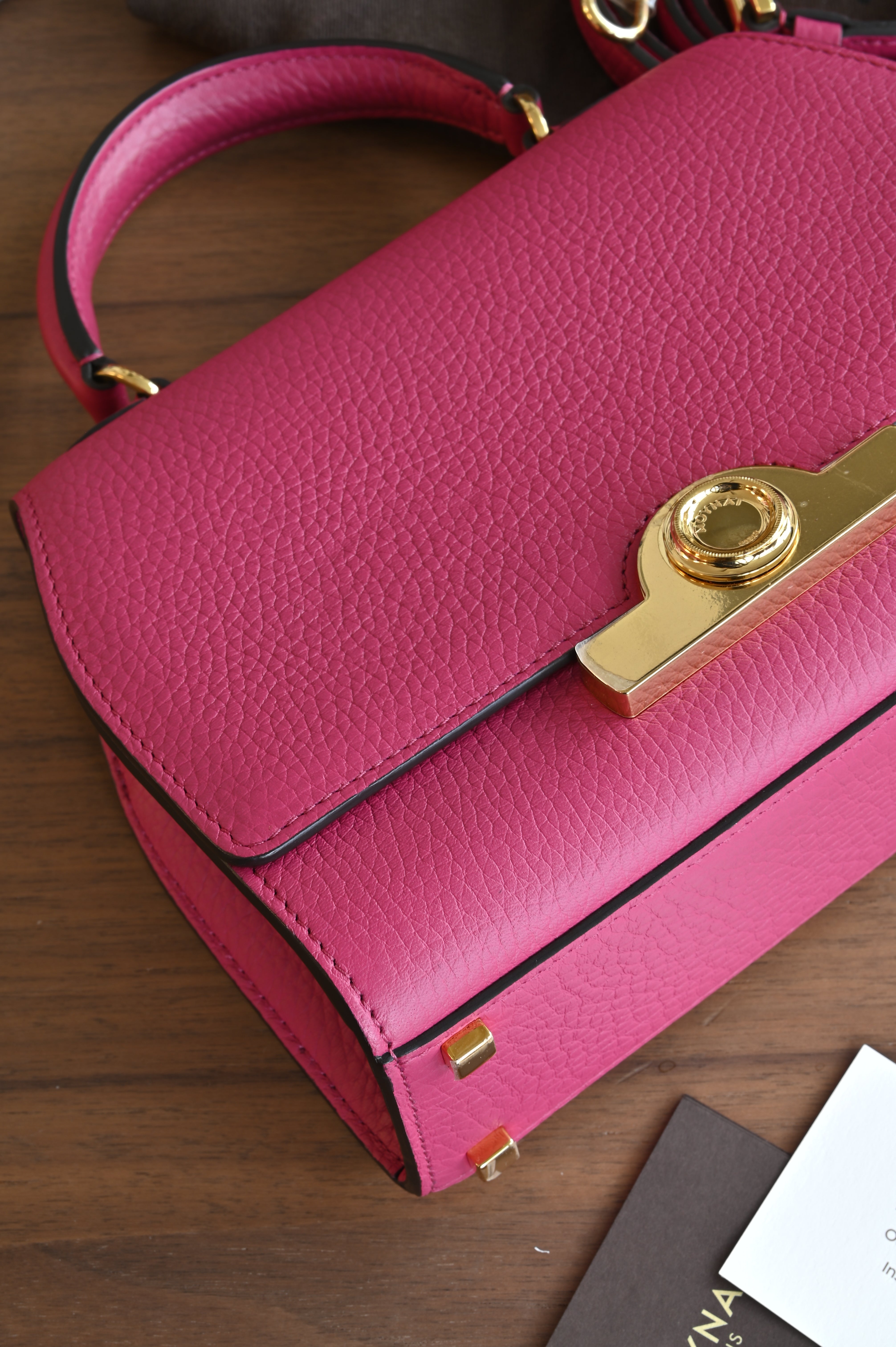 Authentic preloved Moynat Rejane BB in fuchsia pink – corner 1 view