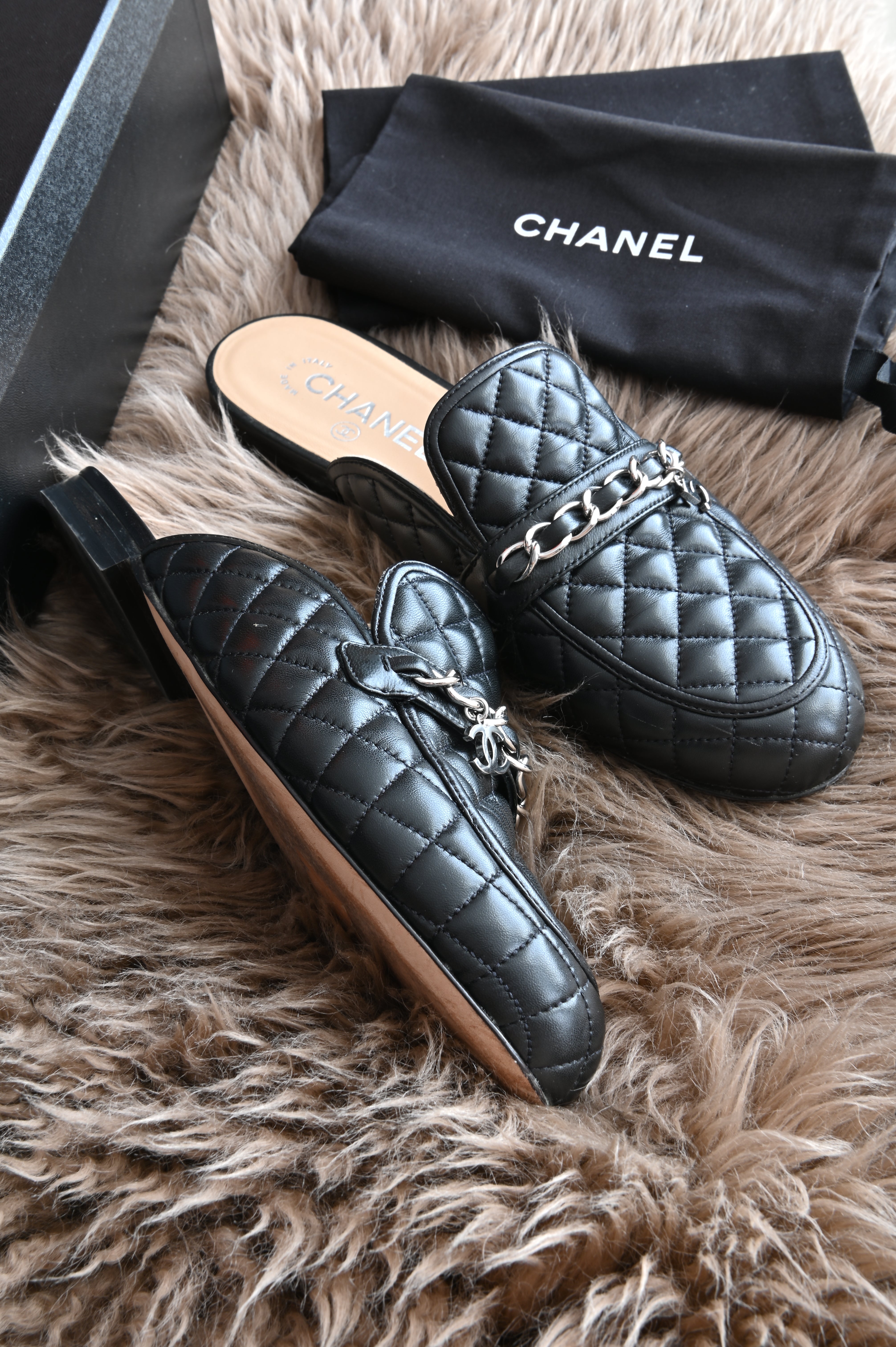 Chanel CC Quilted mules in black and silver hardware