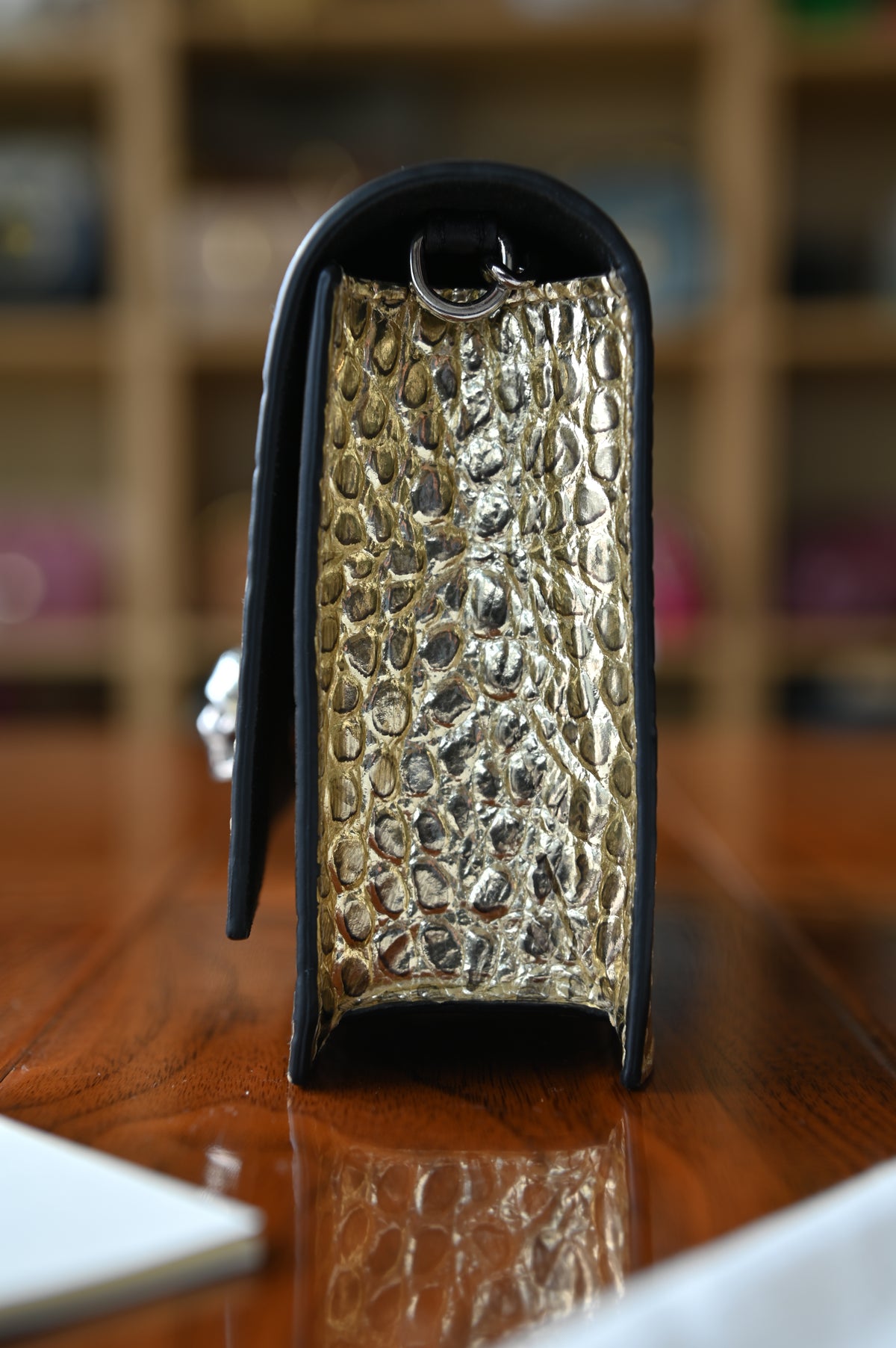 Alexander McQueen Gold Croc Emboss Skull Wallet On Chain side two