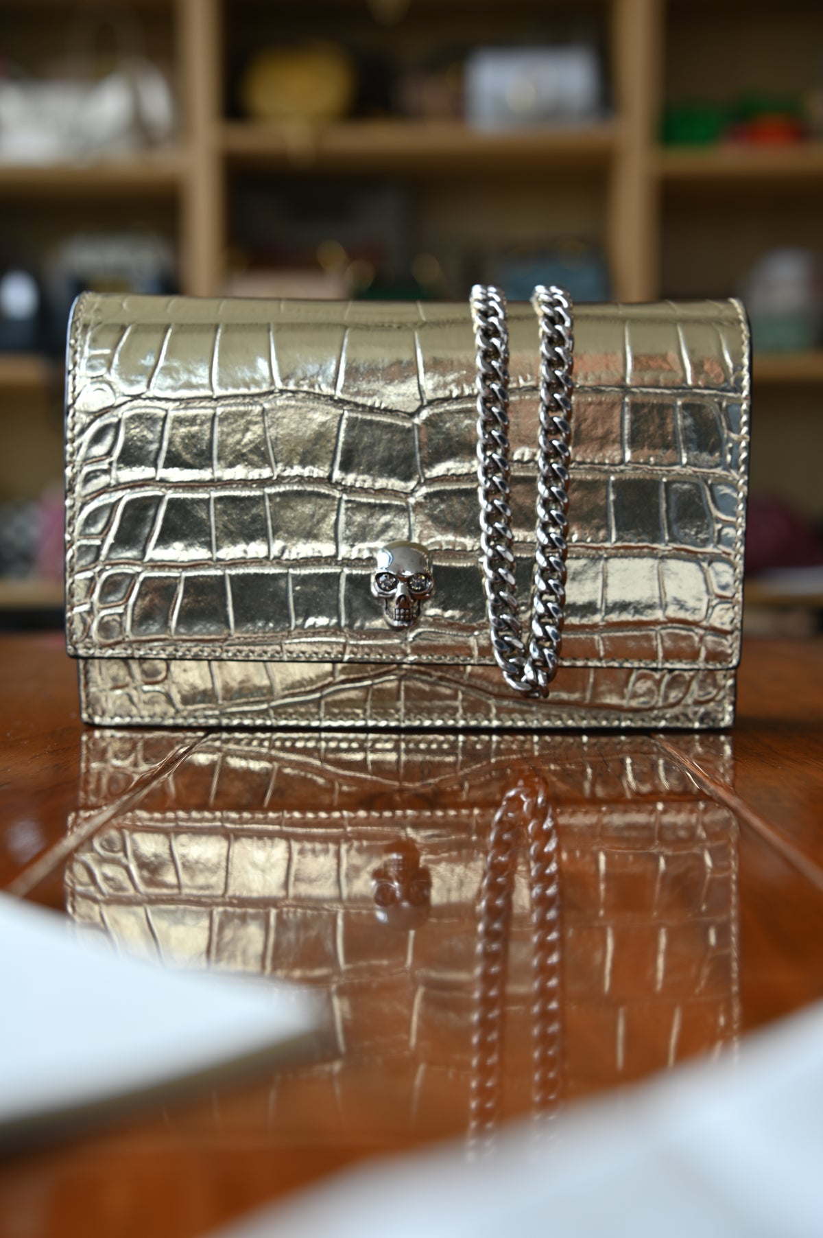 Alexander McQueen Gold Croc Emboss Skull Wallet On Chain strap