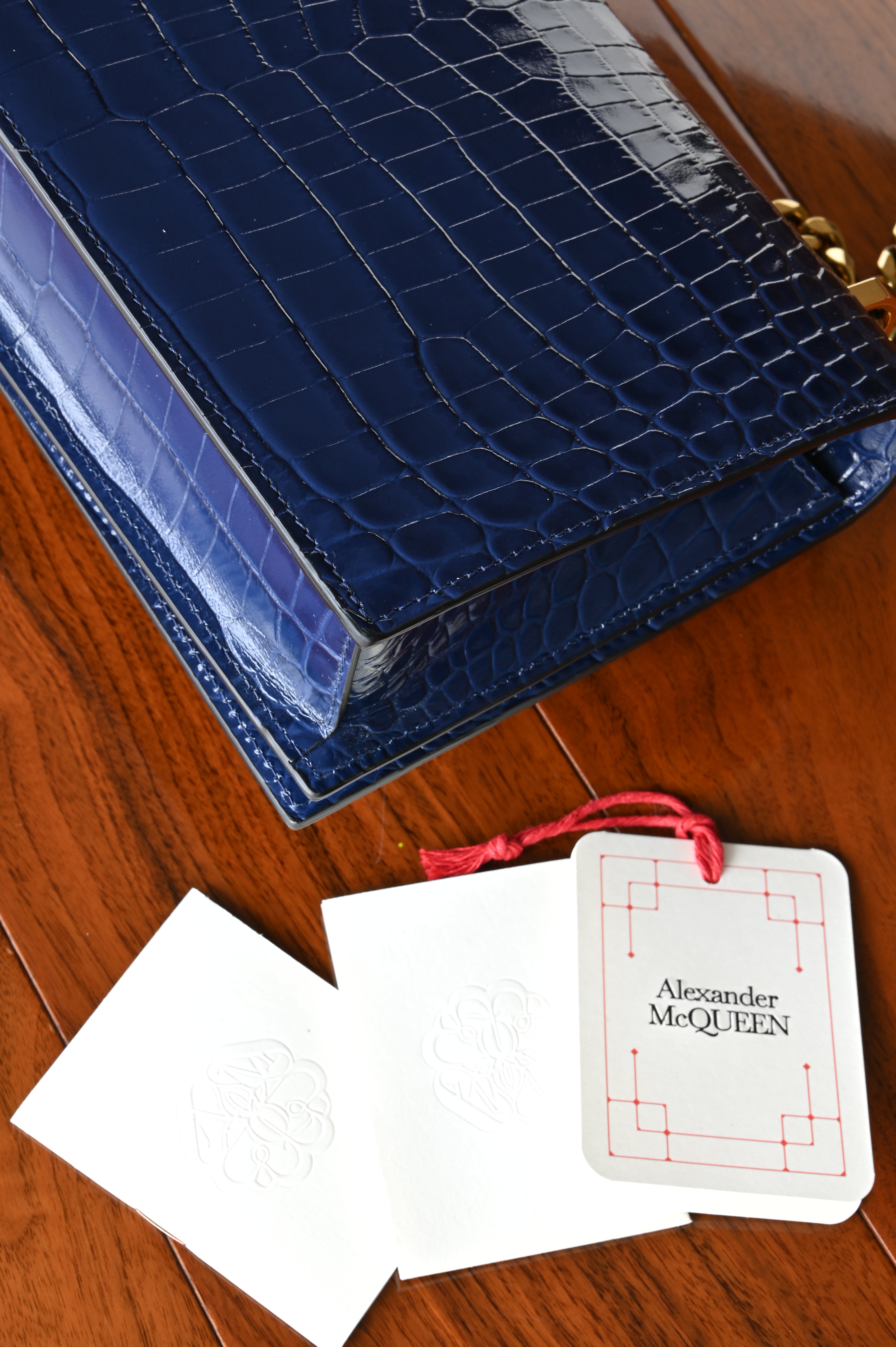 Alexander McQueen Jewelled Satchel in Blue Croc-Embossed Leather corner angle three
