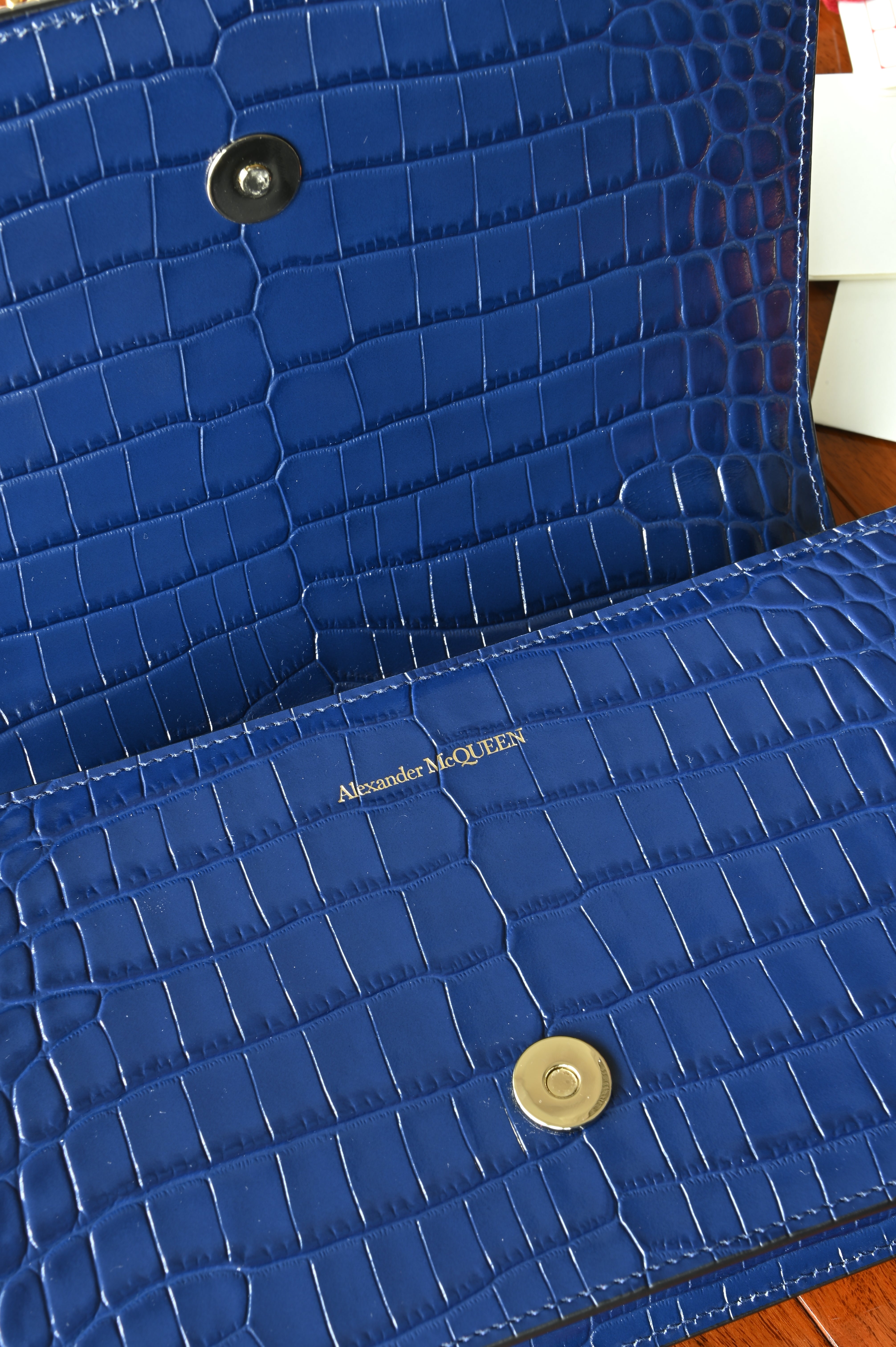 Alexander McQueen Jewelled Satchel in Blue Croc-Embossed Leather open closure
