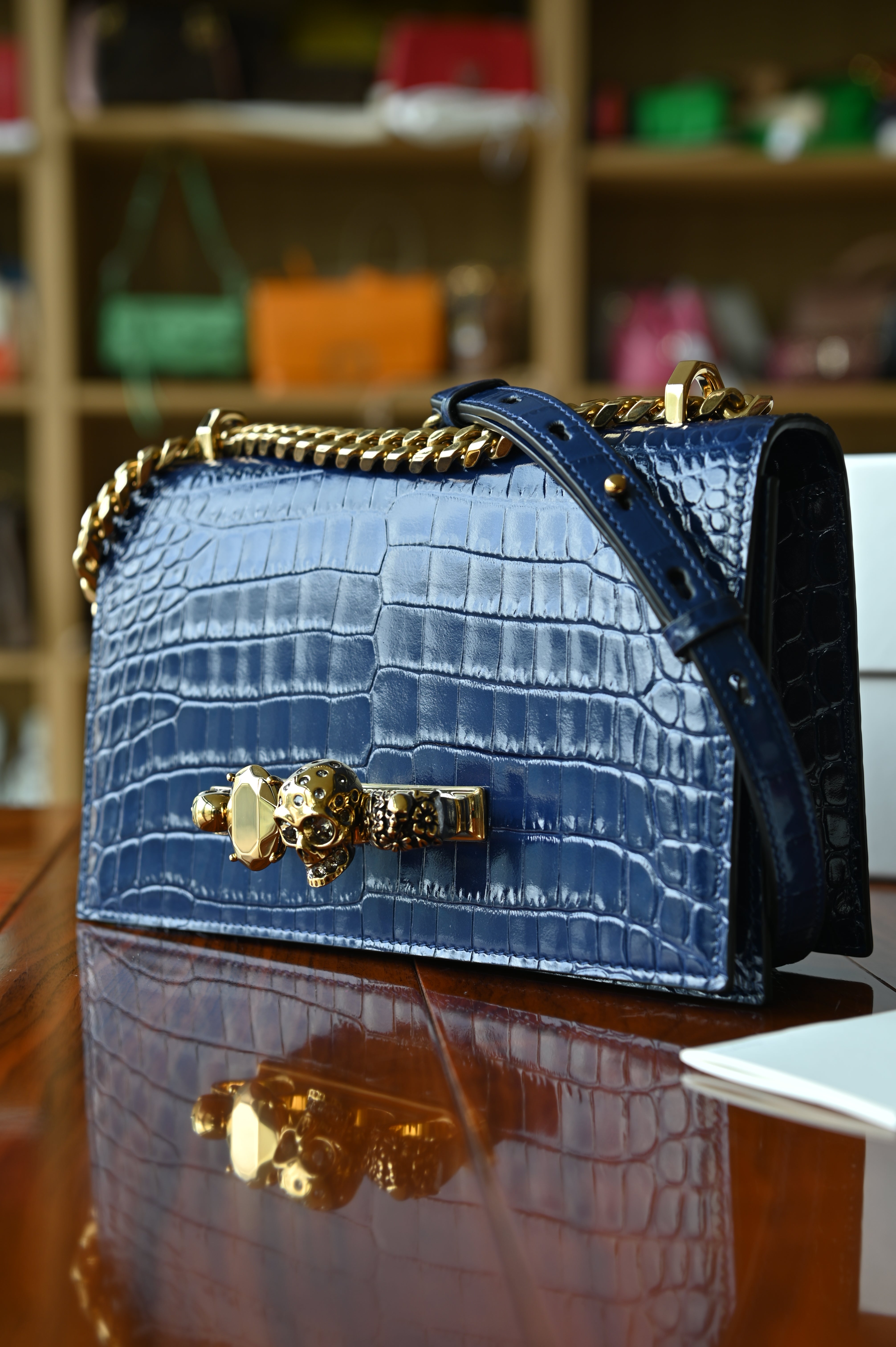 Alexander McQueen Jewelled Satchel in Blue Croc-Embossed Leather side