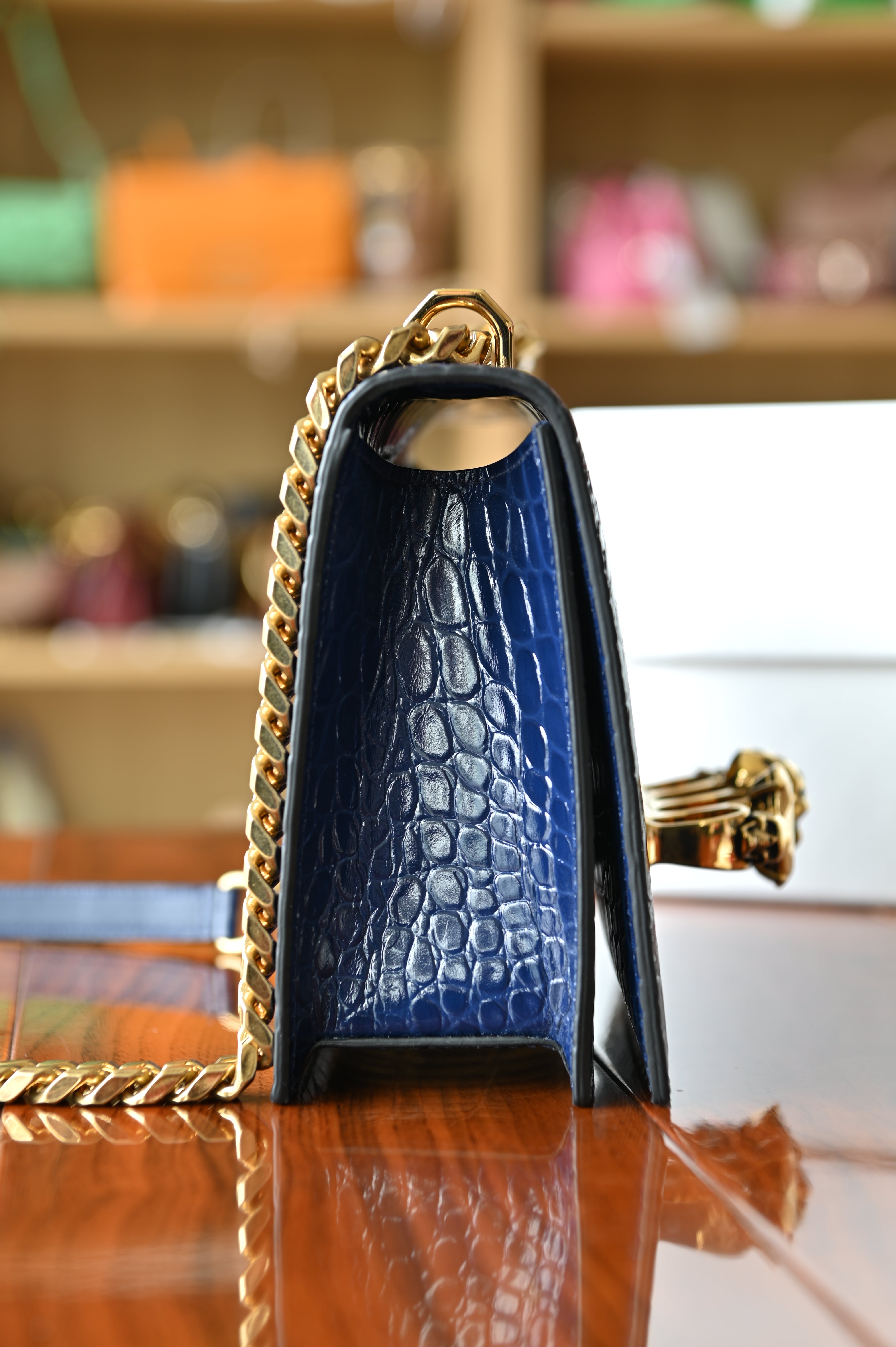 Alexander McQueen Jewelled Satchel in Blue Croc-Embossed Leather side four