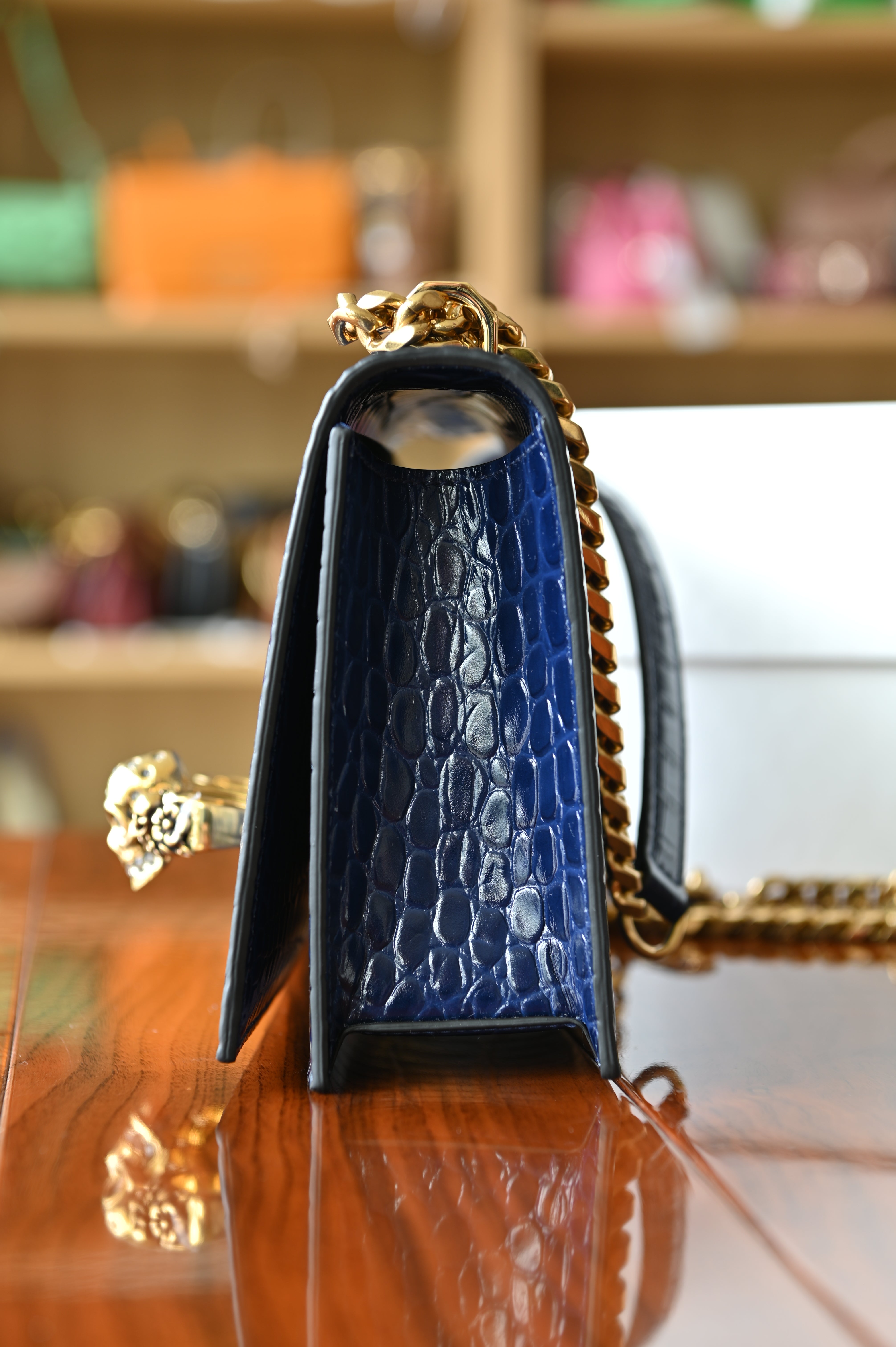 Alexander McQueen Jewelled Satchel in Blue Croc-Embossed Leather side three