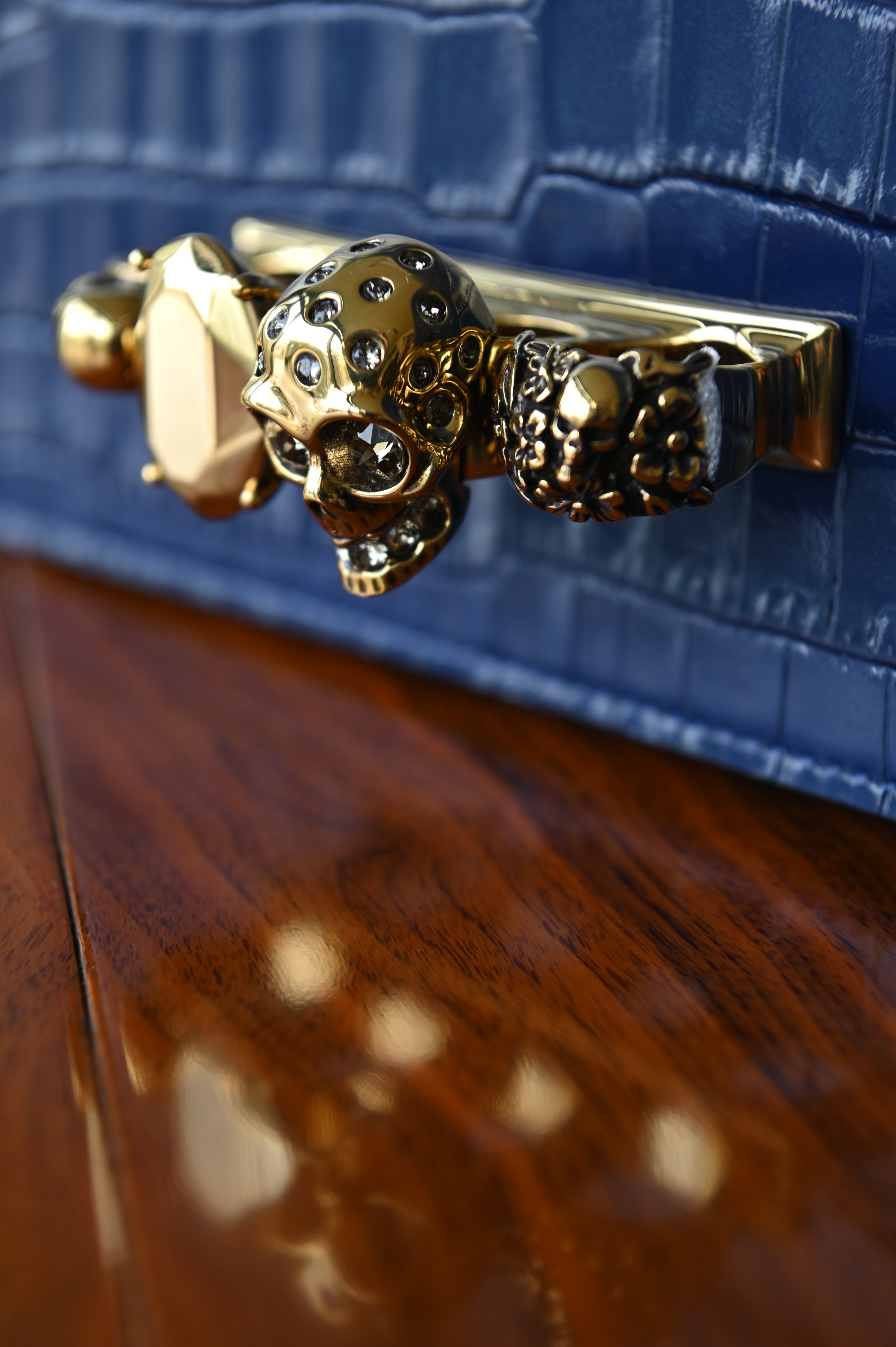 Alexander McQueen Jewelled Satchel in Blue Croc-Embossed Leather skull angle