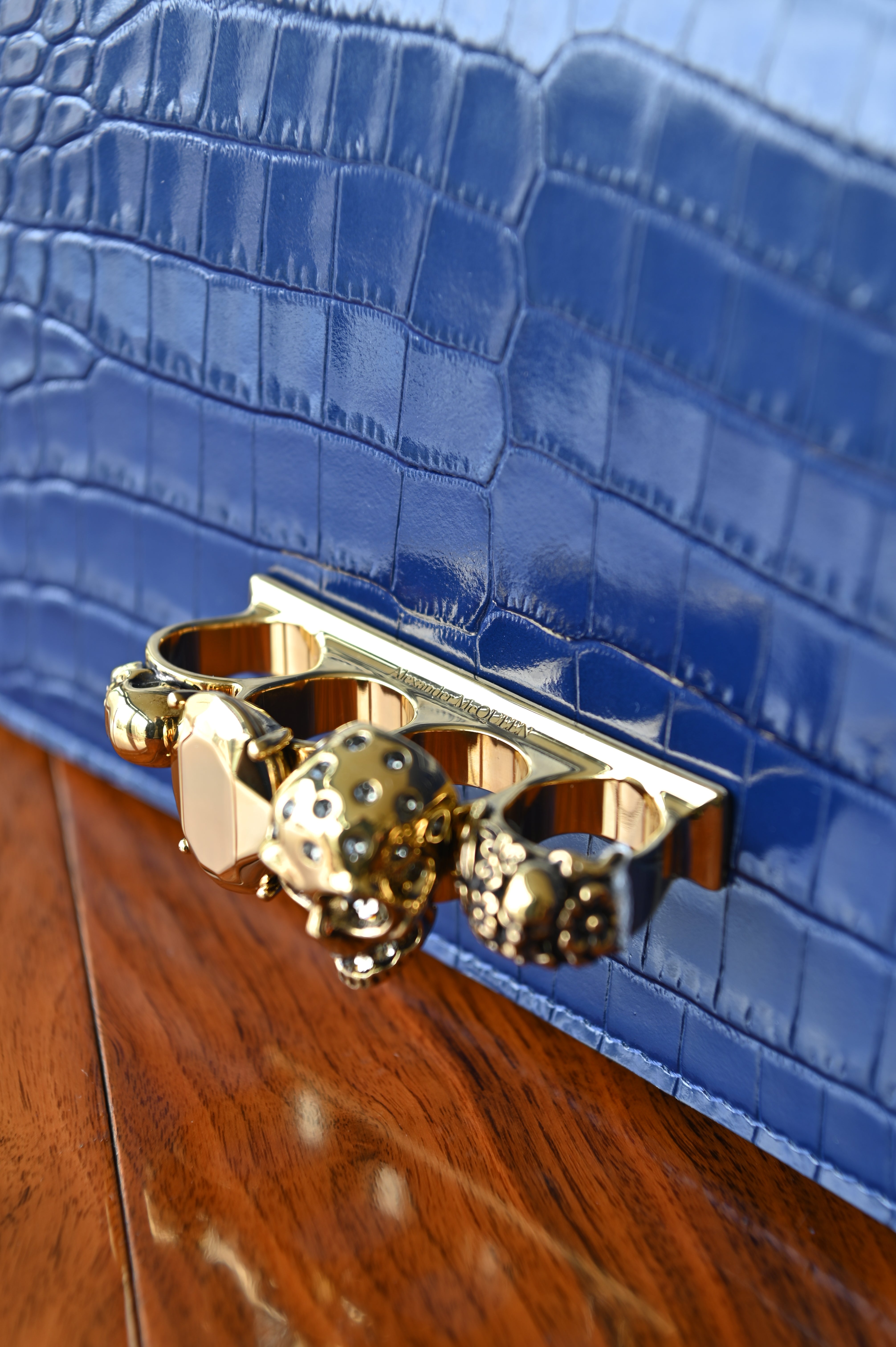 Alexander McQueen Jewelled Satchel in Blue Croc-Embossed Leather skull angle two